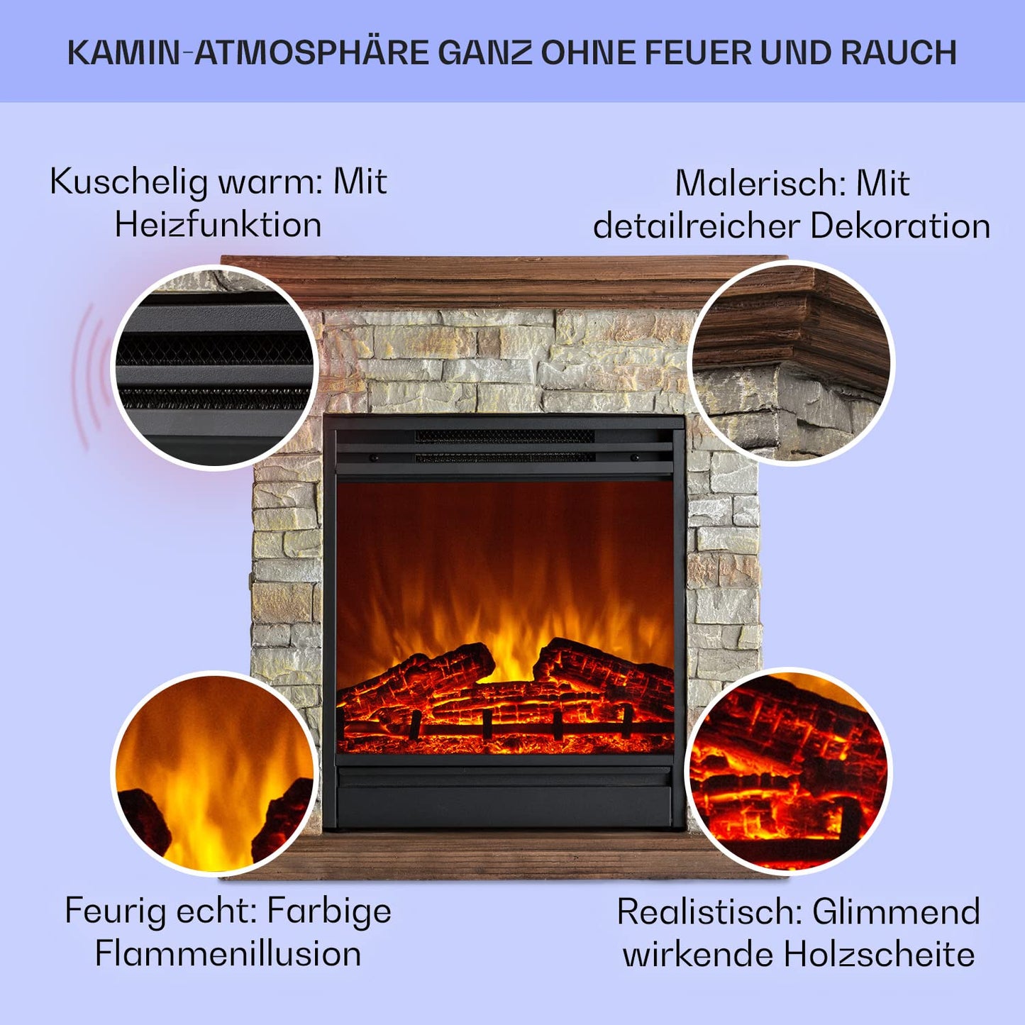 Klarstein Elektrokamin, Elektro Heizungen für Wohnzimmer & Innenräume, Elektrischer mit LED Flammen, mit Fernbedienung, Elekroofen-Kamin, Automatische Temperaturregelung, Heizung 1800 W