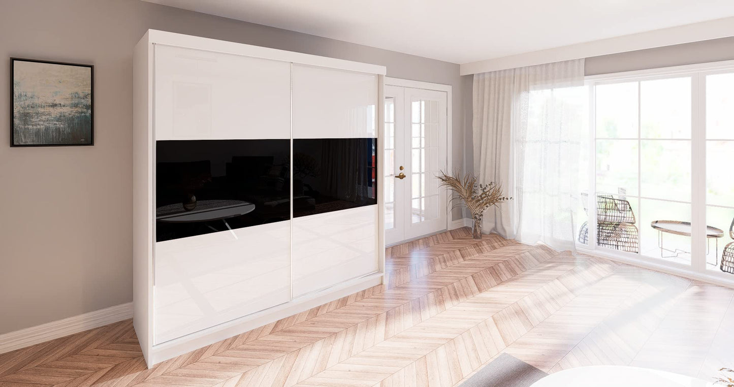 Marlux-Meble Two-Door Wardrobe 230 cm Wide with Floating and Sliding Doors Corner Wardrobe Bedroom Cabinet Hallway Cabinet System Cabinet High Gloss Cabinet