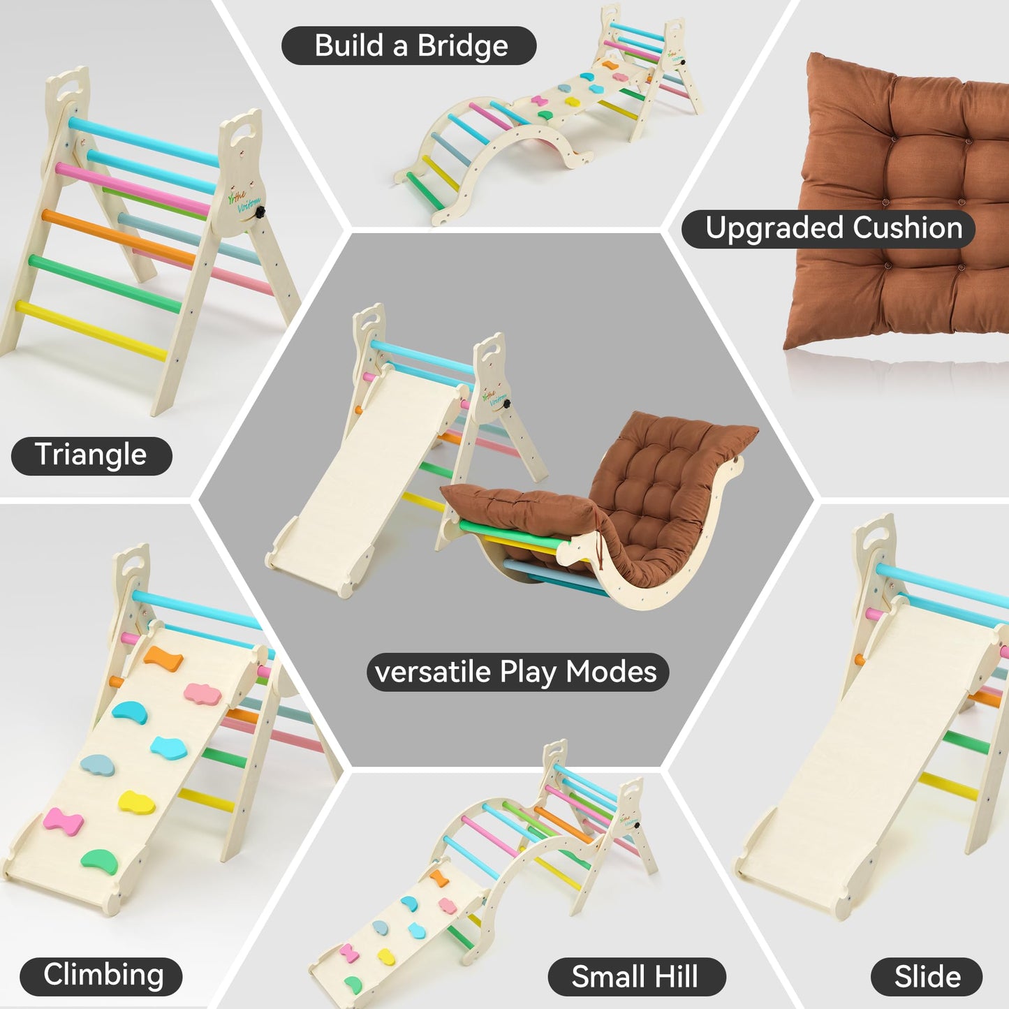 Yrthe Voitom Climbing Frame Indoor Gifts Boys Girls Montessori Toy from 1.5 2 3 4 + Years, Upgrade 7-in-1 Climbing Triangle with Slide, Climbing Arch, Cushion, Climbing Wall, Rainbow