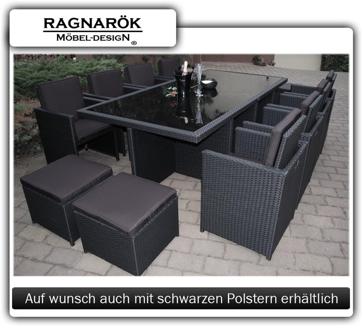 Ragnarök-Möbeldesign Wieland Premium Polyrattan Dining Set – German Manufacturer – Table Chair Stool Black Aluminium