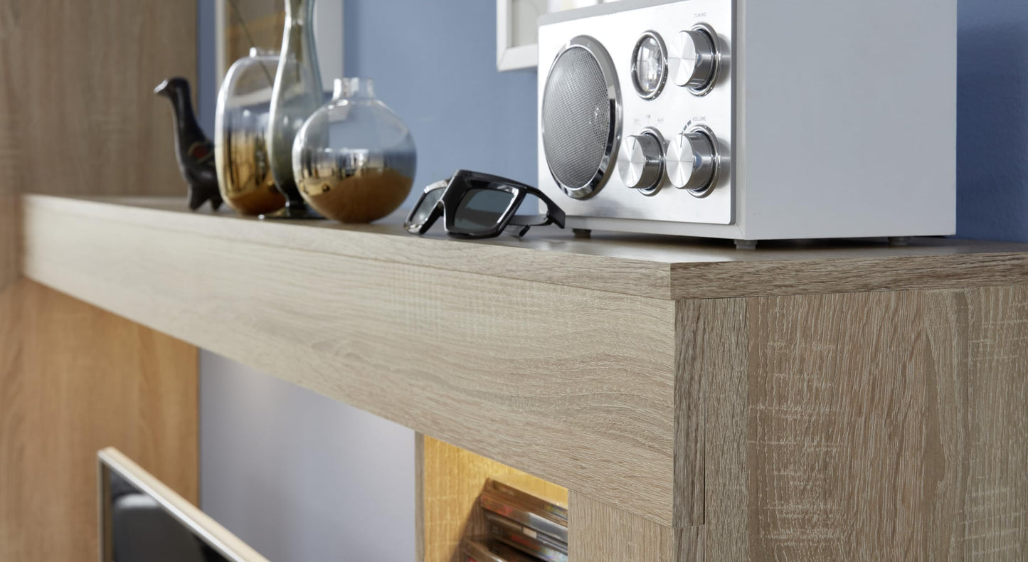 trendteam smart living - Logo - Wall Unit - Brown - Wall Unit with 1 Door, 1 Flap and 6 Open Compartments - (W x H x D) 240 x 185 x 41 cm - Silver Matte Handles