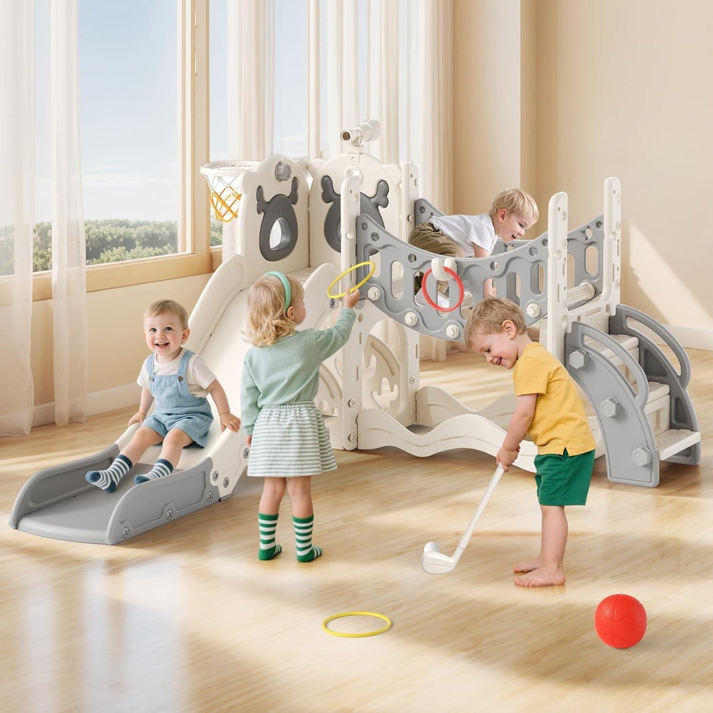 Children's Slide, Large Toddler Slide with Basketball Hoop, Climbing Frame for the Garden, Telescope, Storage Space, for 1-3 Years, Extra Long 1700 mm (7-in-1 Elk Slide Active Model (Khaki)))