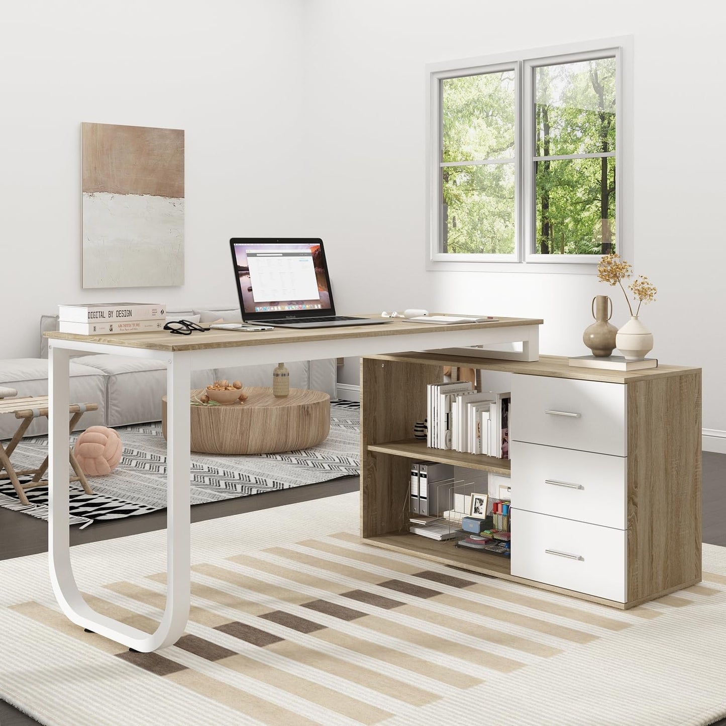 DEZAGCE L Förmiger Schreibtisch, Eckschreibtisch, Computertisch, Schbreibtisch mit 3 Schubladen und 105 cm Länge Aktenschrank,Arbeitstisch, Schreibtische, Weiß, 140 x 105 x 75 cm