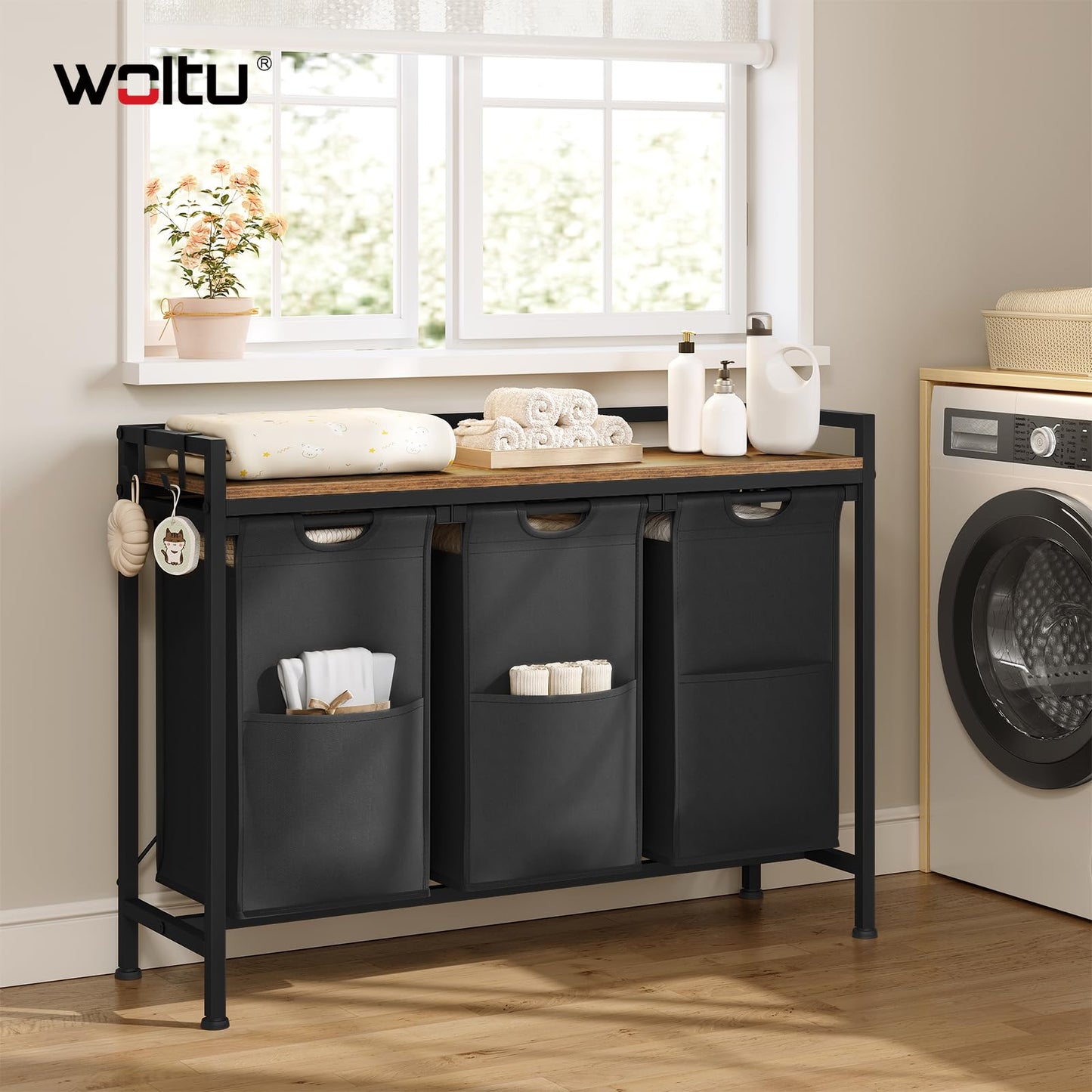 WOLTU Laundry Basket, 3 Compartments, Each 40 L, Laundry Hamper with Shelf Metal Frame, Oxford Fabric Laundry Bag, Extendable, Removable, Laundry Sorter, Laundry Container, White