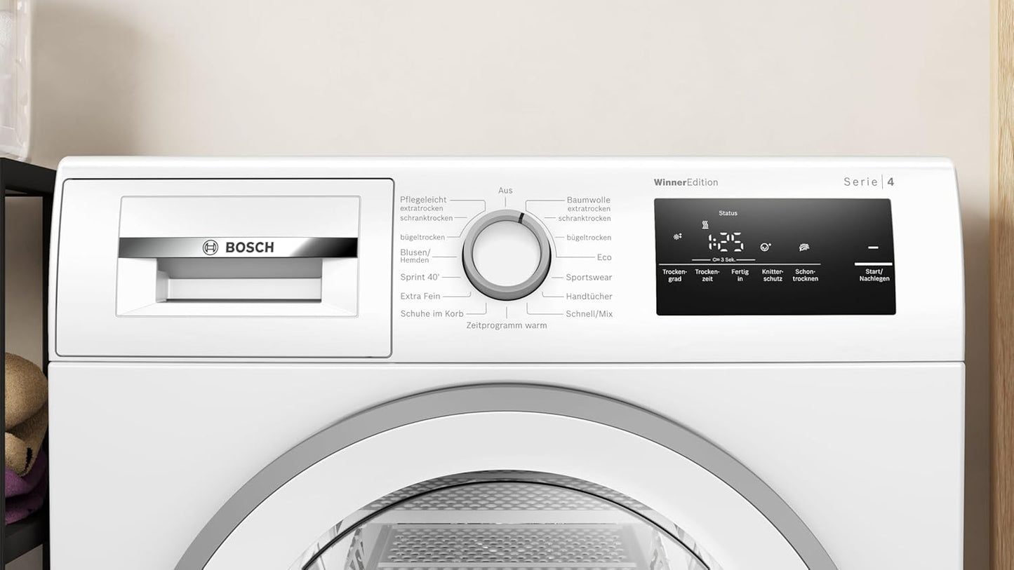 Bosch WTH85VWJN, Serie 4, Wärmepumpentrockner, 8 kg, AutoDry, Quick-40-Trocknen, Nachlegefunktion, Sensitive-Drying-System, Anti Vibration Design, 63 dB, LED-Display, Touch-Control, Zeitvorwahl