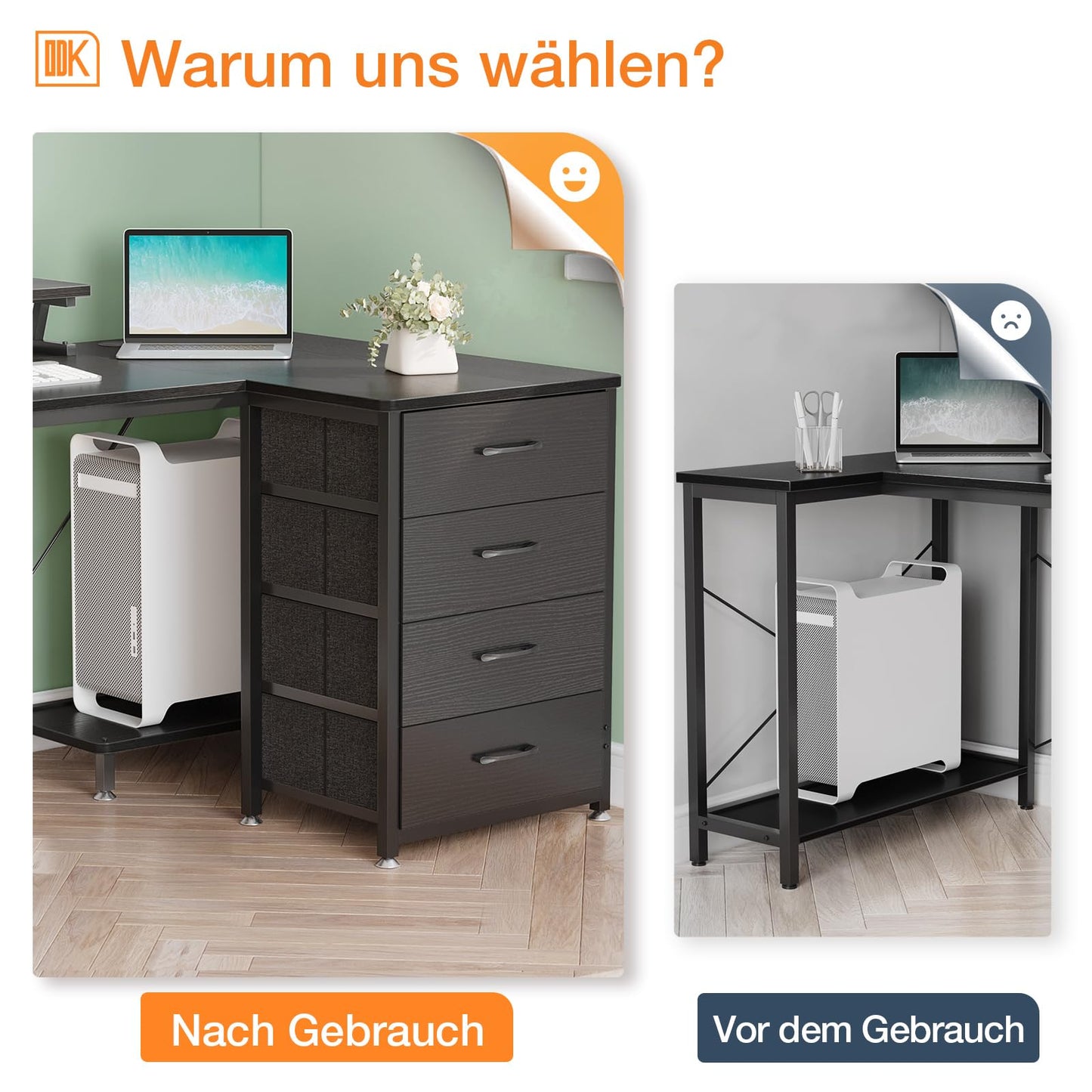ODK Corner Desk with 4 Fabric Drawers, 140 x 80 cm, Desk L Shape Reversible with USB Charging Port and Socket, L Shaped Desk with Monitor Shelf for Home Office, White