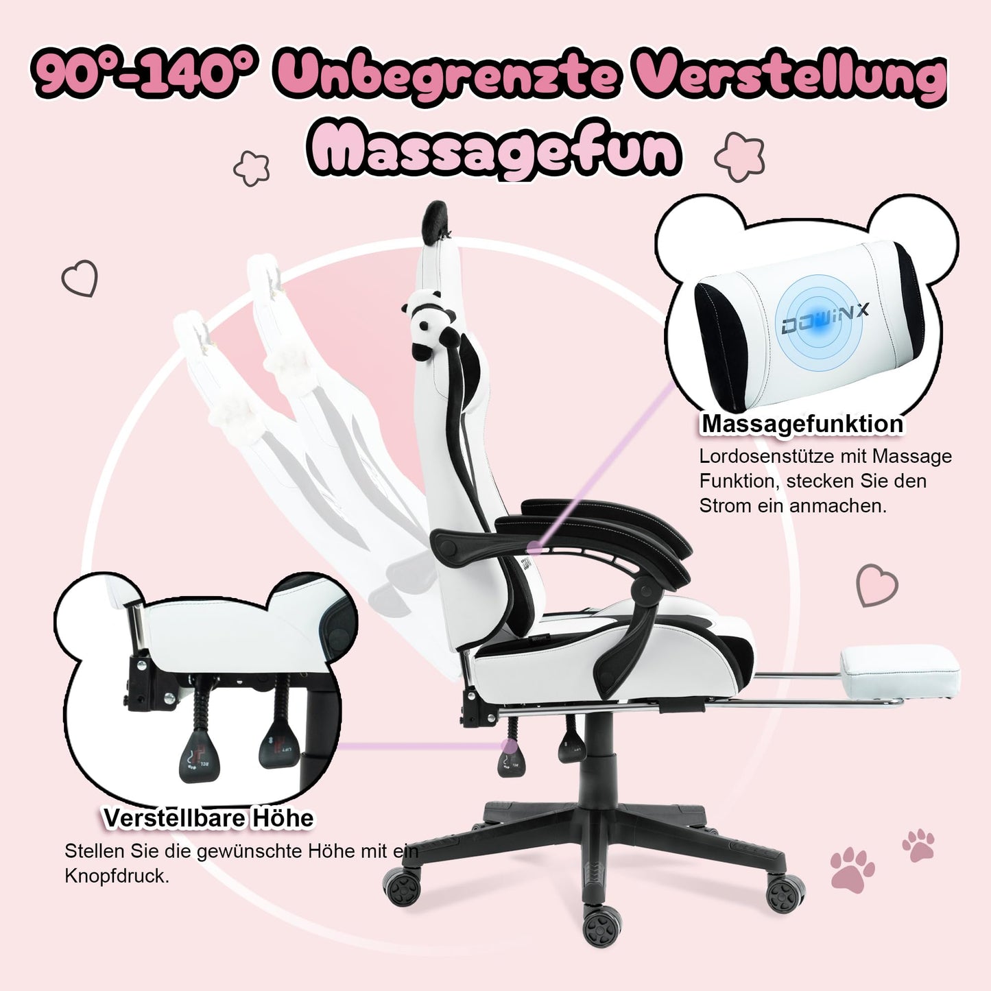 Dowinx Gaming Chair - Cute Cat Edition - Ergonomic Computer Chair with High Back and Lumbar Support, PU Leather, Footrest, Black