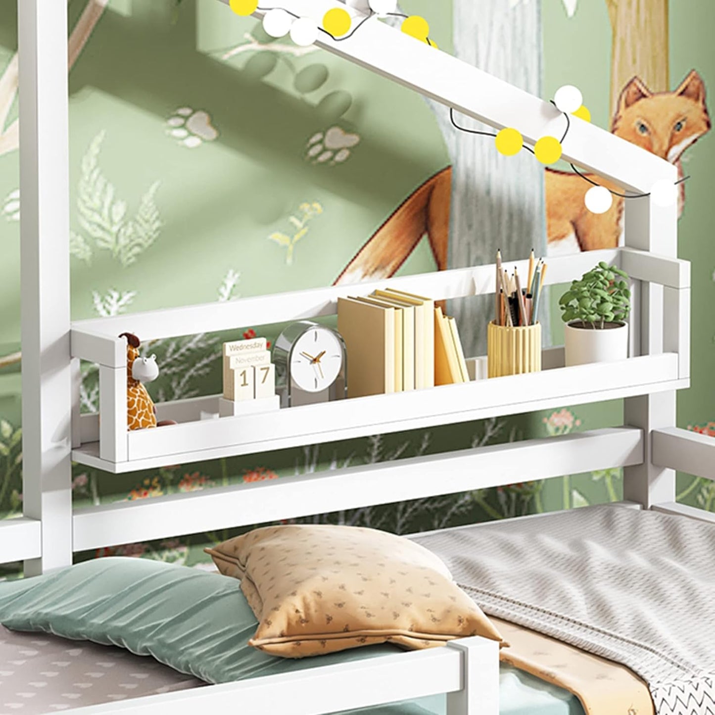 Merax Children's Bed 90 x 200 cm with Fall Protection, Children's House Bed with Drawers and Storage Shelf, Sturdy Wooden Tree House Bed with Slatted Frame, Play Bed for Boys and Girls, White