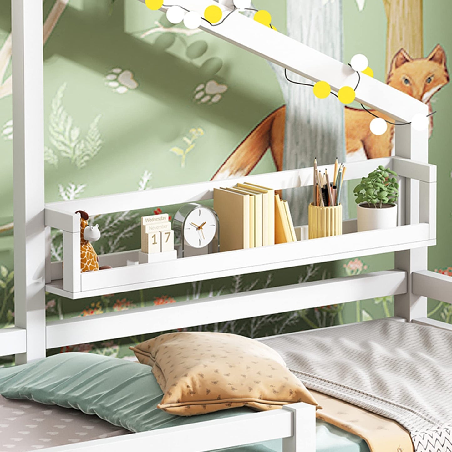 Merax Kinderbett 90x200cm mit Rausfallschutz, Kinder Hausbett mit Schubladen und Ablageregal, Stabiles Holz Baumhausbett mit Lattenrost, Spielbett für Jungen & Mädchen, Weiß