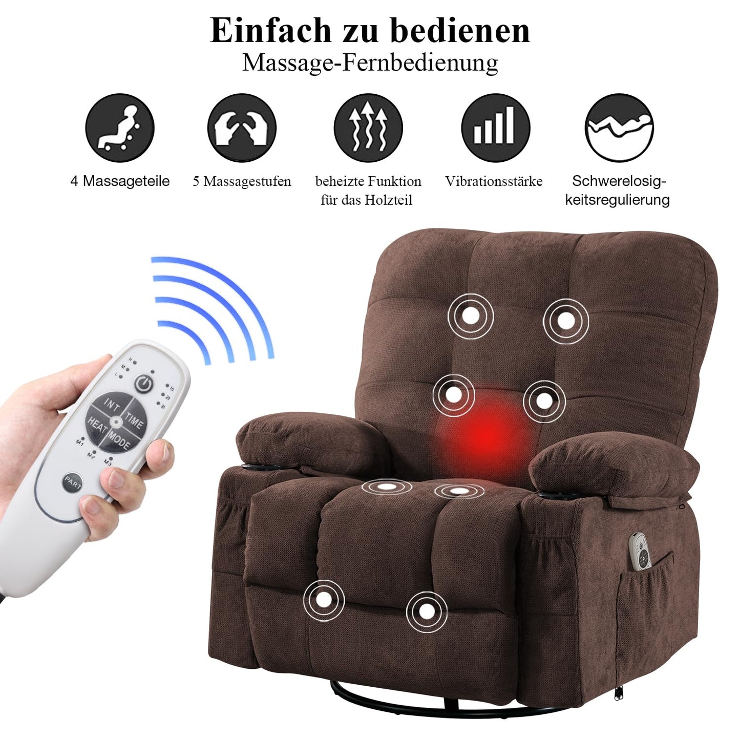 Bosmiller Relaxsessel mit Liegefunktion Massagesessel Oversize Fernsehsessel 360°Drehbarer Liegesessel Heizung Verstellbar Sessel Stoff