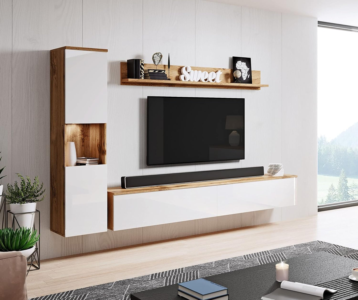 MINIO go for it - Parma XL Wall Unit, 4-Piece Set, with LED Lighting, Hanging or Standing, 2 x Highboard, Lowboard, Wall Board, Laminated Chipboard, Colour: Wotan Oak
