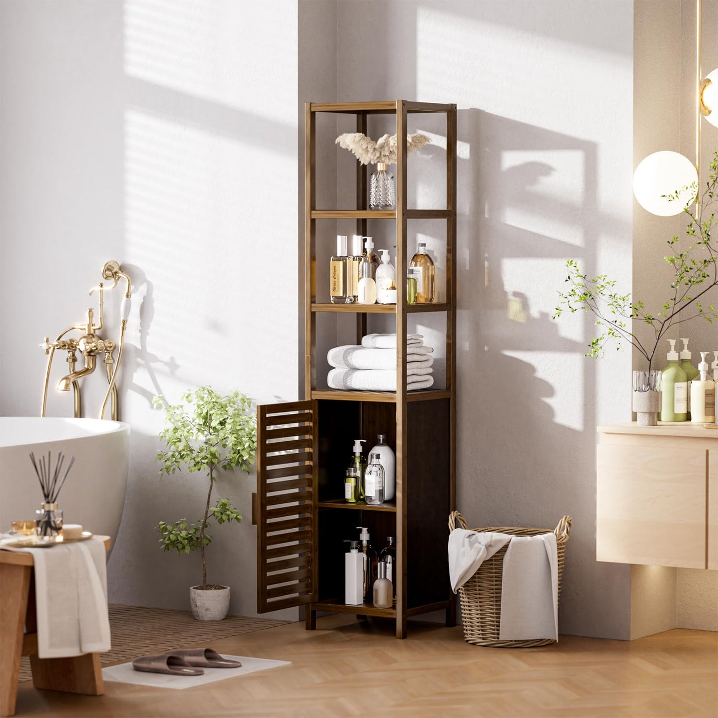 HITNET Bathroom Cabinet Bamboo Black Bathroom Cabinet Tall Cabinet Narrow Freestanding Floor Standing with Open Shelf and Single Door