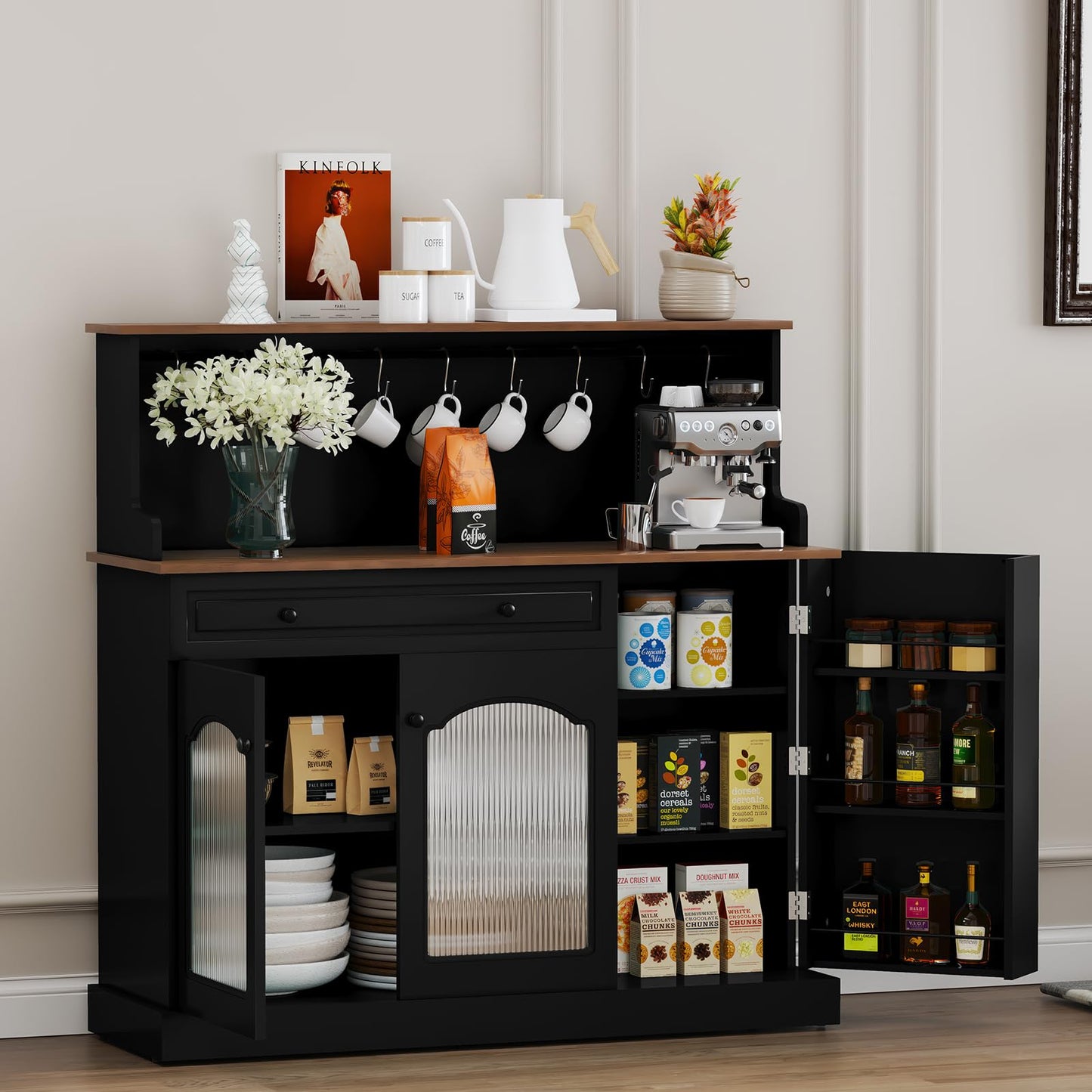 HOLTICO Küchenschrank mit Arbeitsplatte, Küchenbuffet Buffetschrank Grün, Weinschrank mit Schublade und Oberer Ablage, Kommoden & Sideboards für Wohnzimmer, Esszimmer