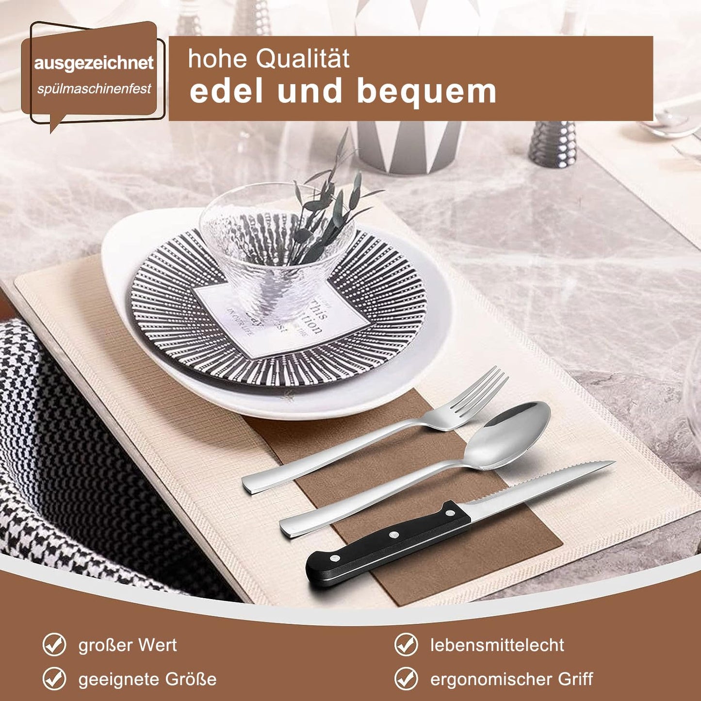 Terlulu 36 teiliges Edelstahl Besteckset mit Steakmesser, Besteck Set 6 Personen, Elegantes Essbesteck Set mit Messer Gabel Löffel, Tafelbesteck für Haus/Party/Restaurant, Spülmaschinenfest