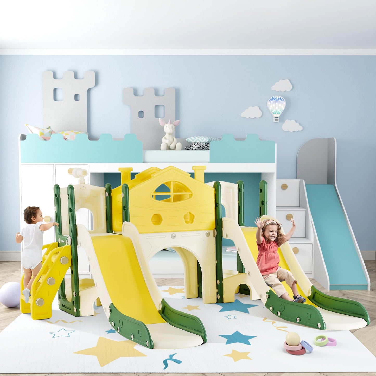 BestAlice 4 in 1 Kinderrutsche Set für Outdoor und Innen, Spielplatz mit Schaukel, Basketballkorb, Kletterleiter, Indoor- und Outdoor-Spielset, 18 Monate + (Blau)