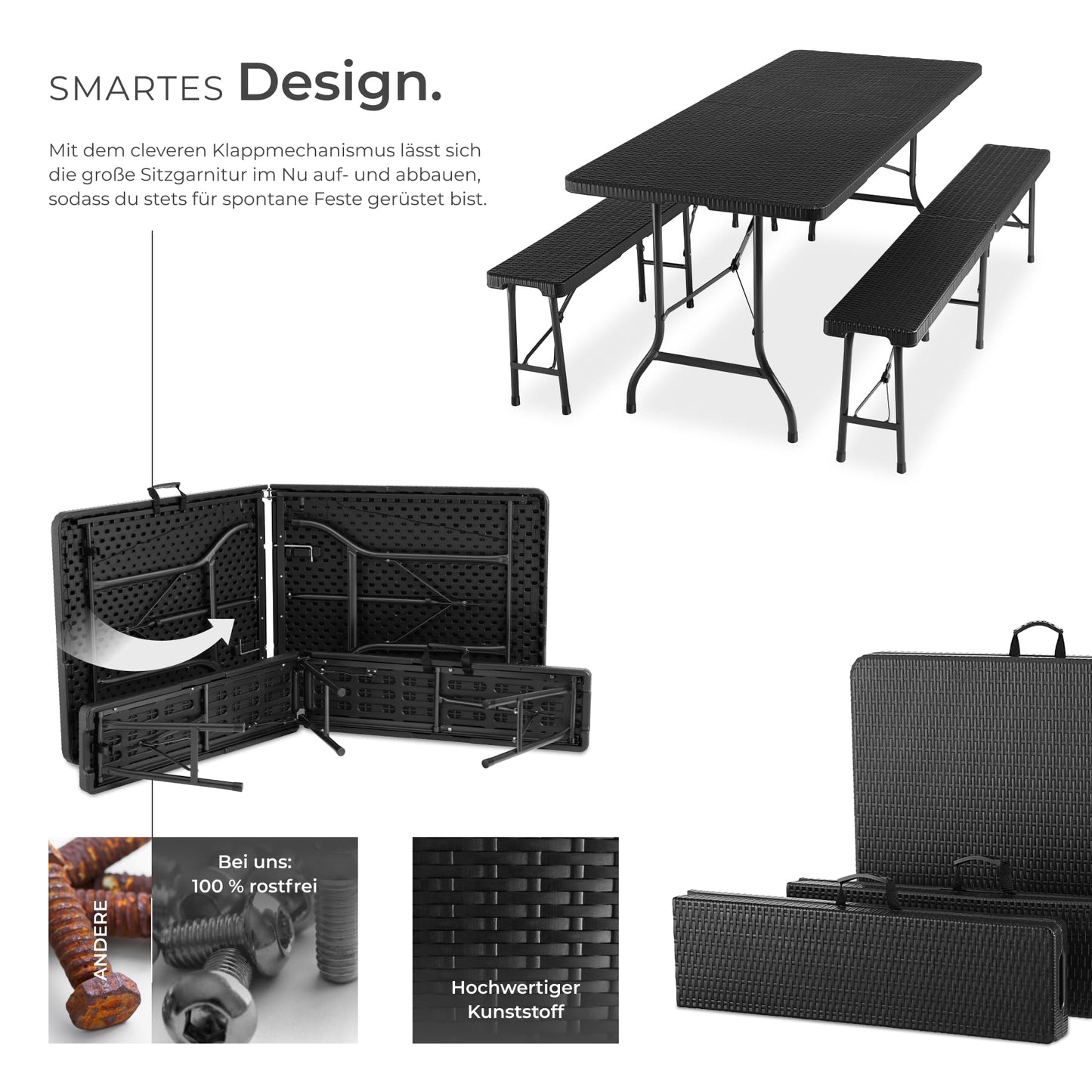 tectake® 3-teiliges Gartenmöbel Set, klappbarer Campingtisch mit 2X Bierbank, Balkonmöbel, Garten oder Terrassentisch Set, Bierzeltgarnitur, mit Tragegriffen, 180cm lang (weiß)
