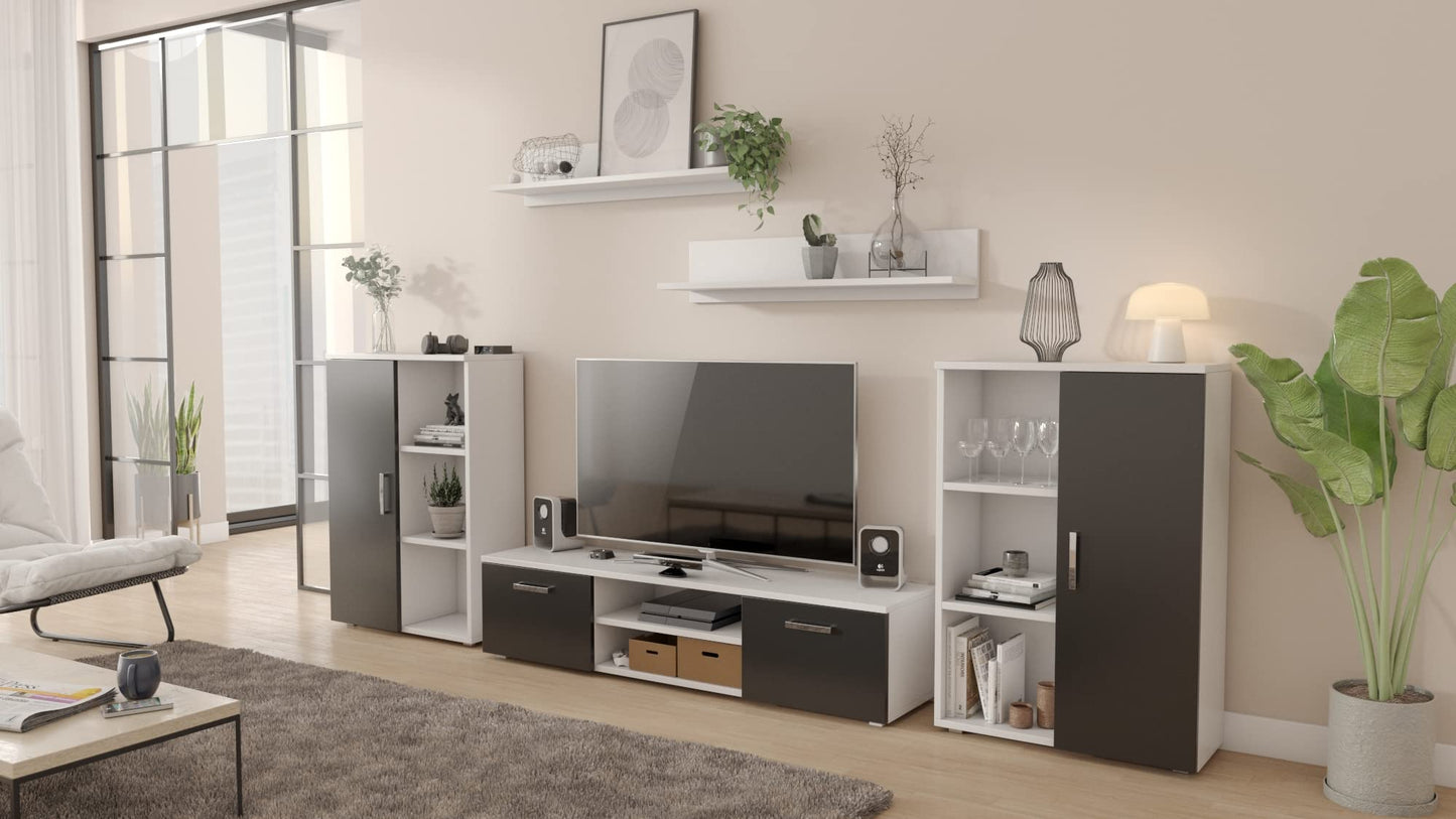 MATKAM Herkules II Wall Unit, Modern Living Room Cabinet with TV Table, Sideboard and Wall Shelf, Living Room Complete Furniture (White/Black)