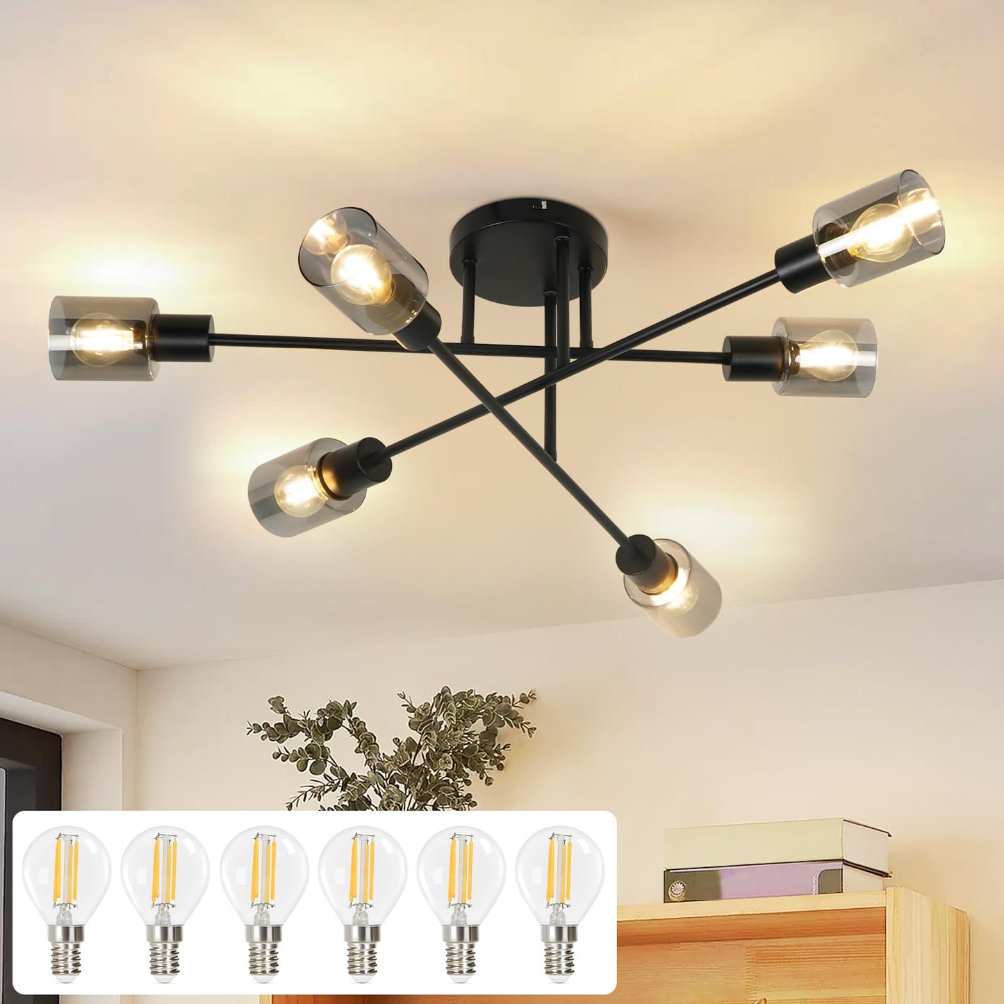 Kowanie Deckenlampe Vintage 6 flammig: Industrial Wohnzimmerlampe Schwarz Deckenleuchte Wohnzimmer retro Kronleuchter aus Glas Deckenbeleuchtung inkl. 6 × E14 2700K Leuchtmittel für Küche