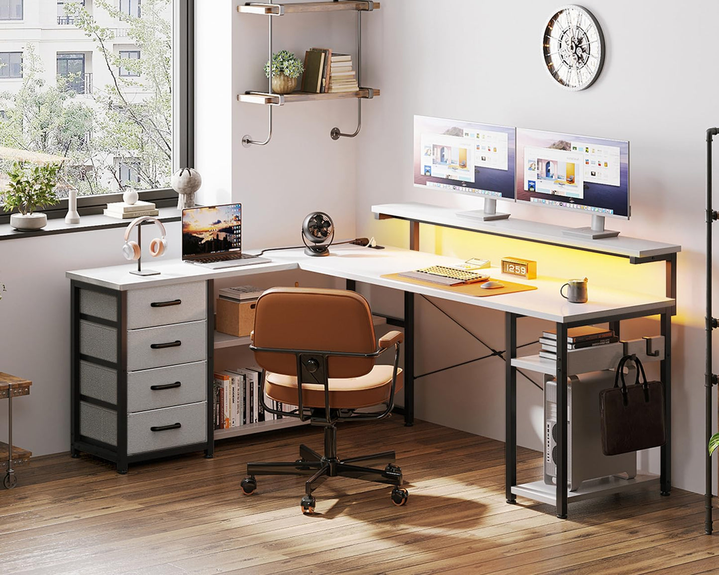ODK Schreibtisch mit Schubladen, Reversible Eckschreibtisch mit 2 Steckdosen und 2 USB Ladeanschluss, Bürotisch L Form mit LED für Home Office 155×110cm (Alles Weiß)