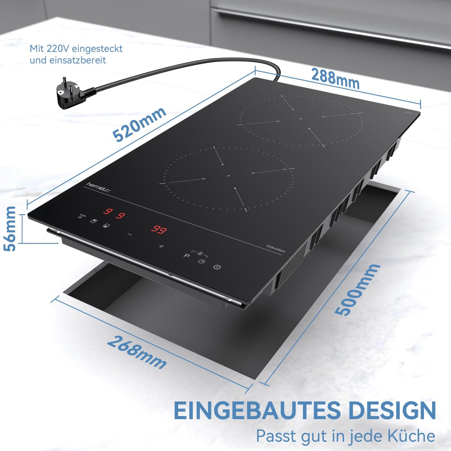 Hermitlux kochfeld 28,8cm, Glaskeramik Kochfeld 2 Platten, 9 Leistungsstufen, Touch-Steuerung, Timer, Kindersicherung, Geeignet für Alle Töpfe, 3300W