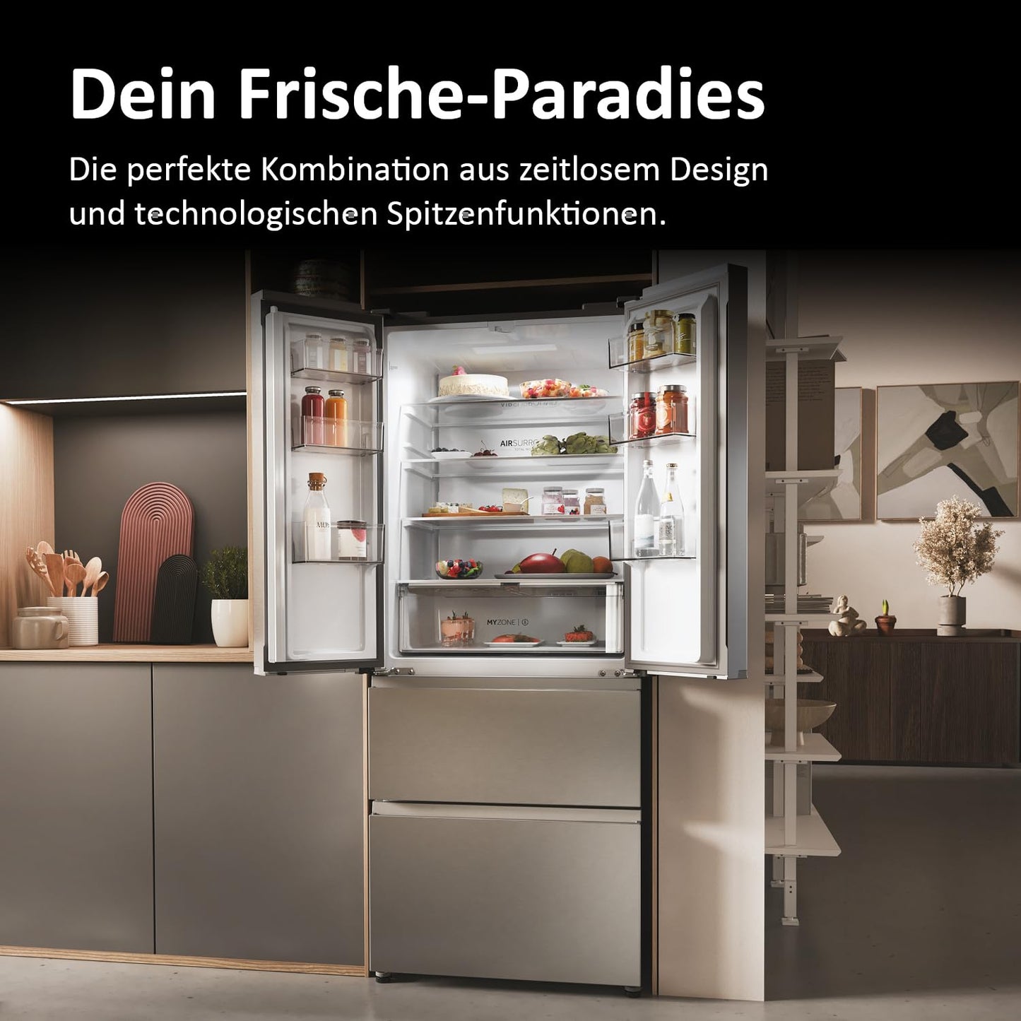 Haier French Door Kühl-Gefrierkombination 70 cm Breite I 402 L French Door Kühlschrank, freistehend I Doppeltür Kühlschrank mit Gefrierfach, No Frost I LED, Touch-Display I FD 70 SERIE 3 HFR3718ENMM