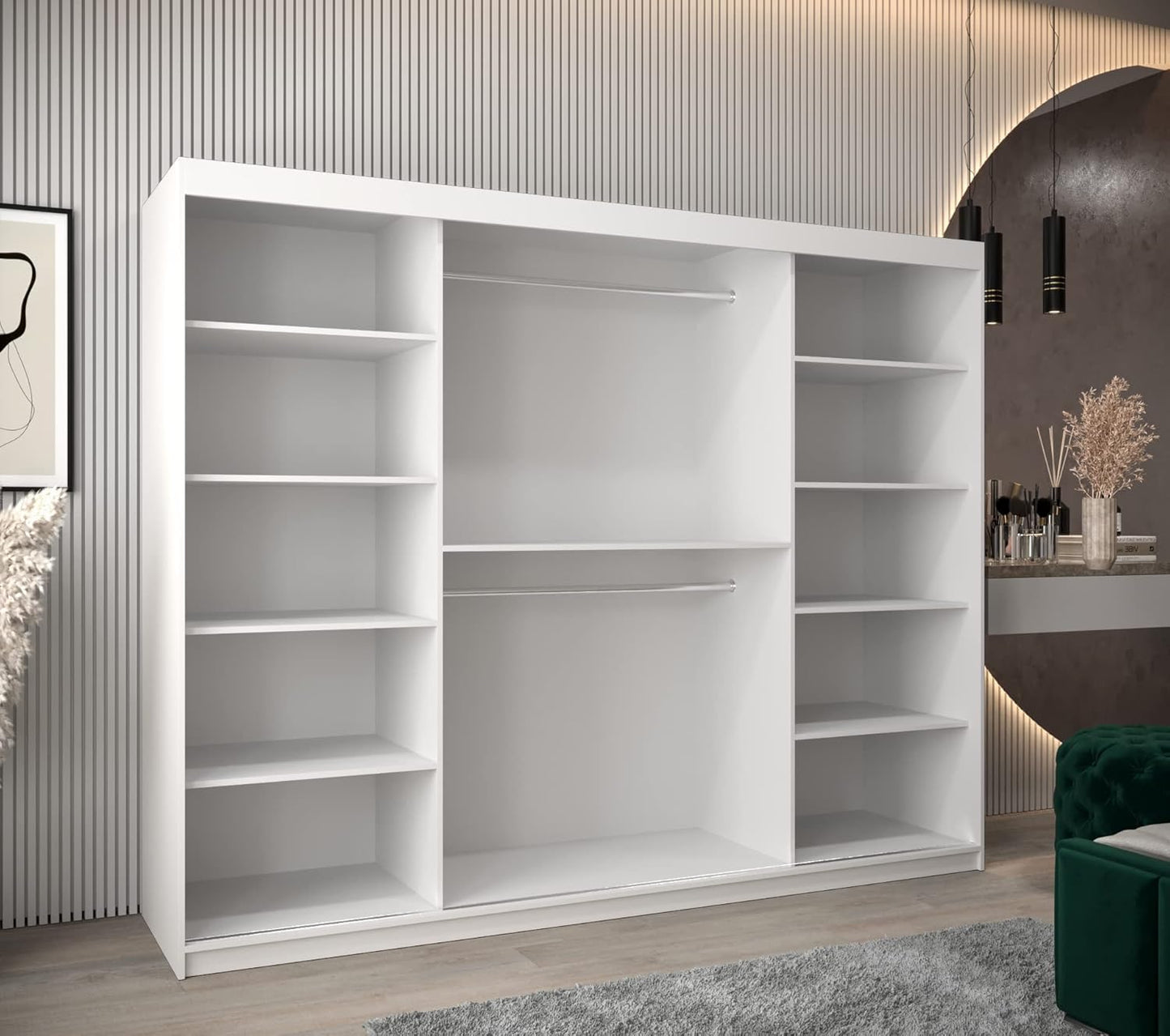 Kryspol Schwebetürenschrank York 250 cm Kleiderschrank mit Kleiderstange und Einlegeboden Schlafzimmer- Wohnzimmerschrank Schiebetüren Modern Design (Weiß)