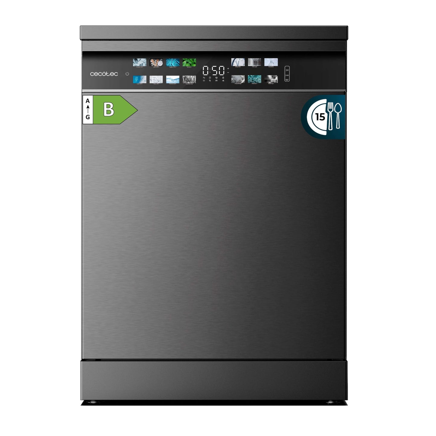 Cecotec Geschirrspüler 60 cm - Freistehend Bolero Aguazero 6210 Dark D. 15 Bestecke, energieeffizient, XXL Fullcolor Display, drittes Fach, 14 Programme, Dual Zone Wash, verstellbares Fach, Dunkel