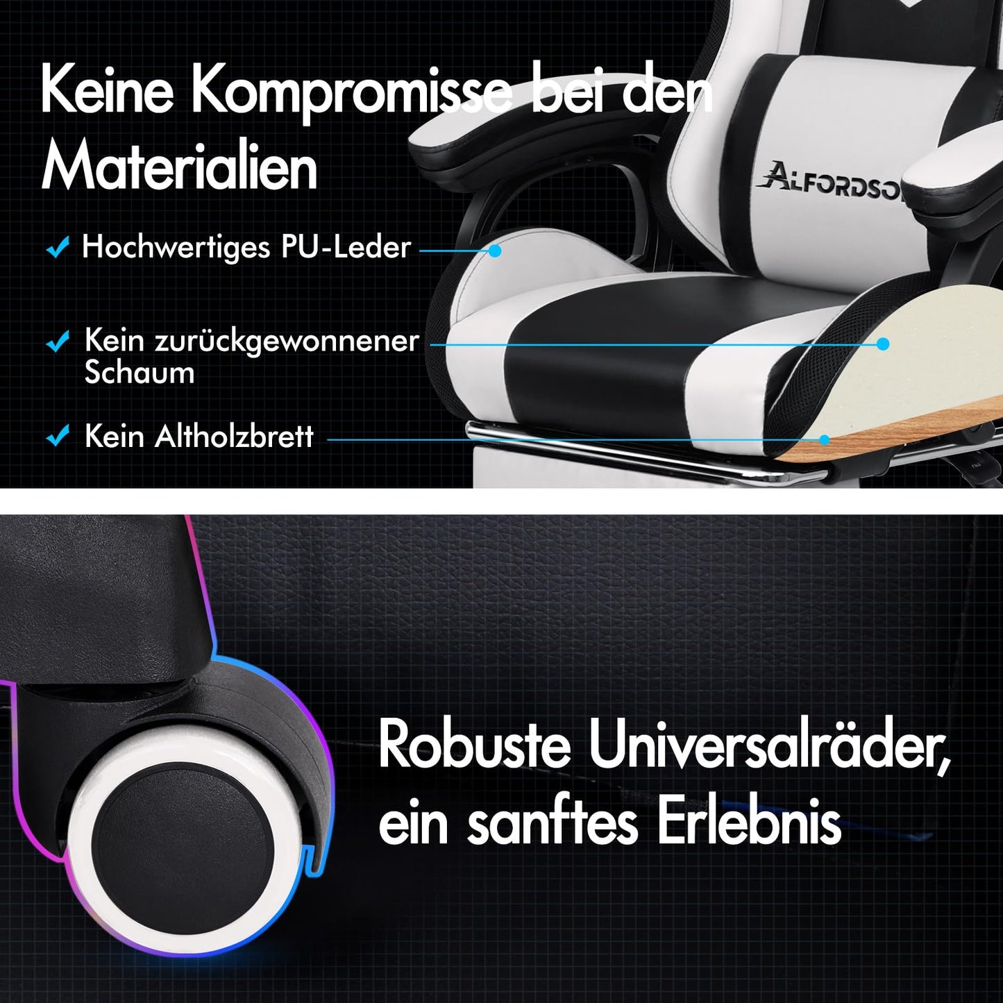 ALFORDSON Gaming Stuhl mit 8-Punkt Massage 12 Farben RGB LED-Licht, Bürostuhl Ergonomisch mit fußstützen, Kopfstütze Lendenkissen für Kinder Erwachsene, Schwarz