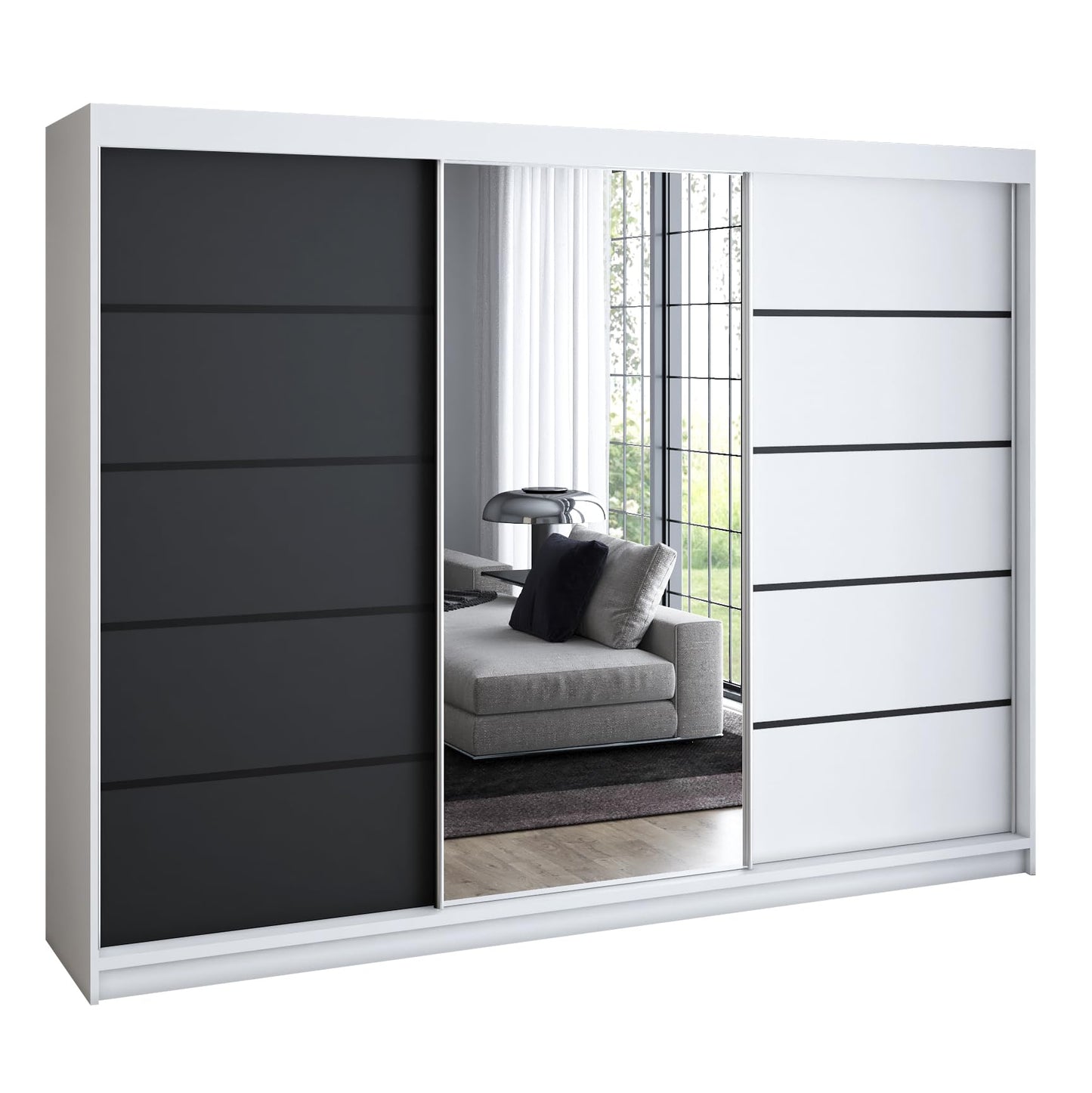A&J MöbelLand Schwebetürenschrank VILANO 2, 3-türig Schrank 200 cm Kleiderschrank mit 4 Schubladen, und Spiegel (Weiß, Schwarz, Somona) (Schwarz/schwarz/schwarz)