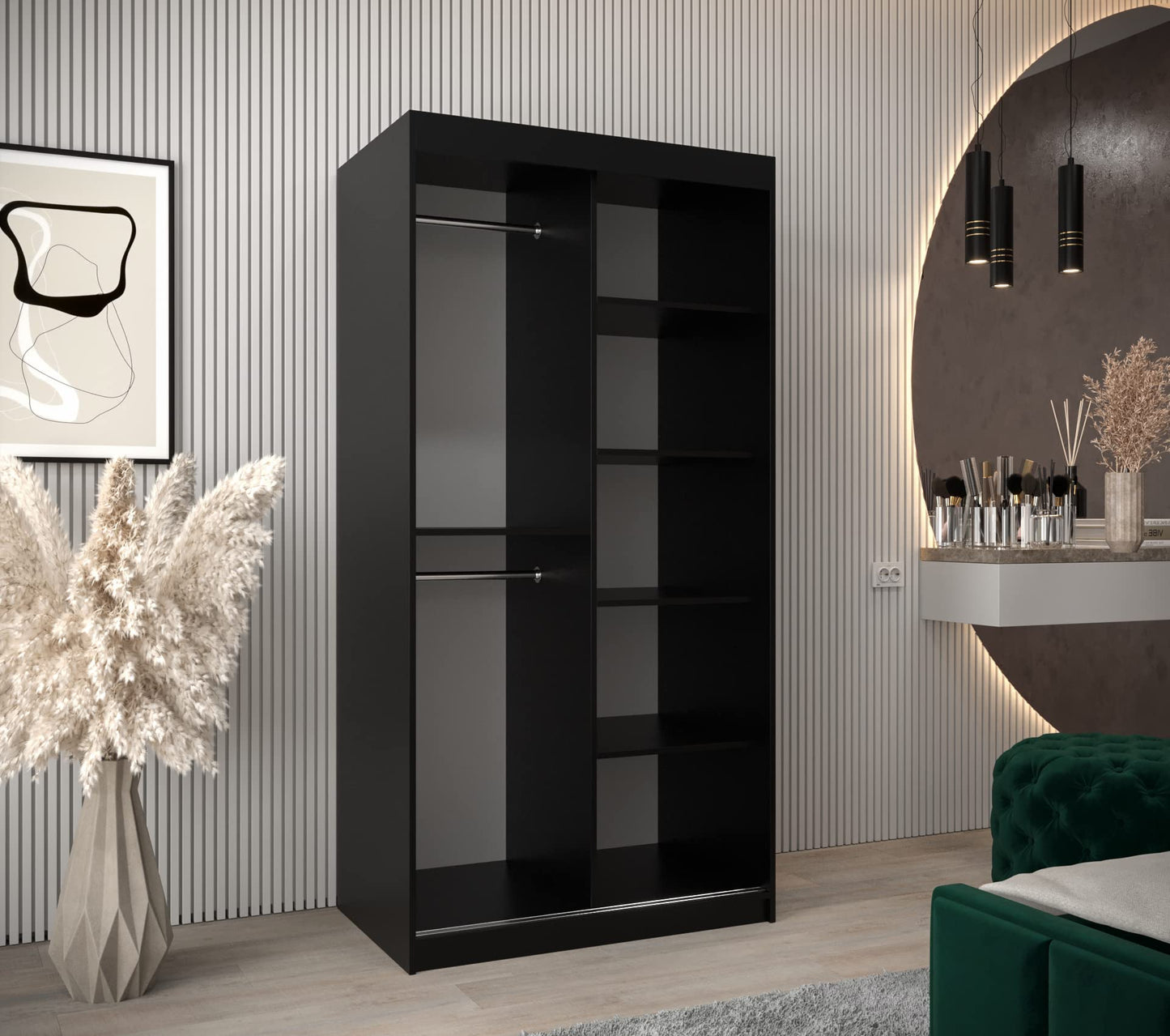 MEBLE KRYSPOL Dome 2 Schrank mit DREI Schiebetüren mit Spiegel, Stangen und Regalen - Aufbewahrungsschrank mit Rauchglas für Schlafzimmer, Wohnzimmer - 200x250x62cm - Schwarz, Schwarz, Schwarz