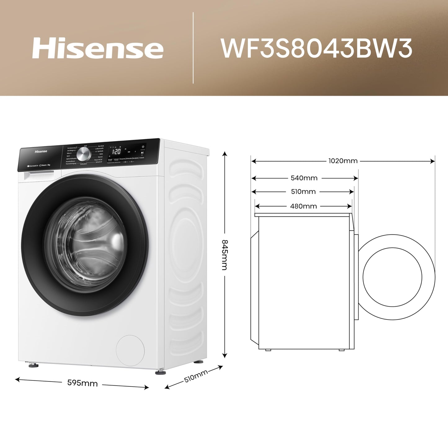 Hisense WF3S8043BB3 Waschmachine mit Dampffunkunktion, 8 kg, 1400 U,min, WIFI, ConnectLife, Power JetWash, Anti-Allergie Programm, Aqua Stop, Auto Wash, Quick Wash, EEK A-30 Prozent