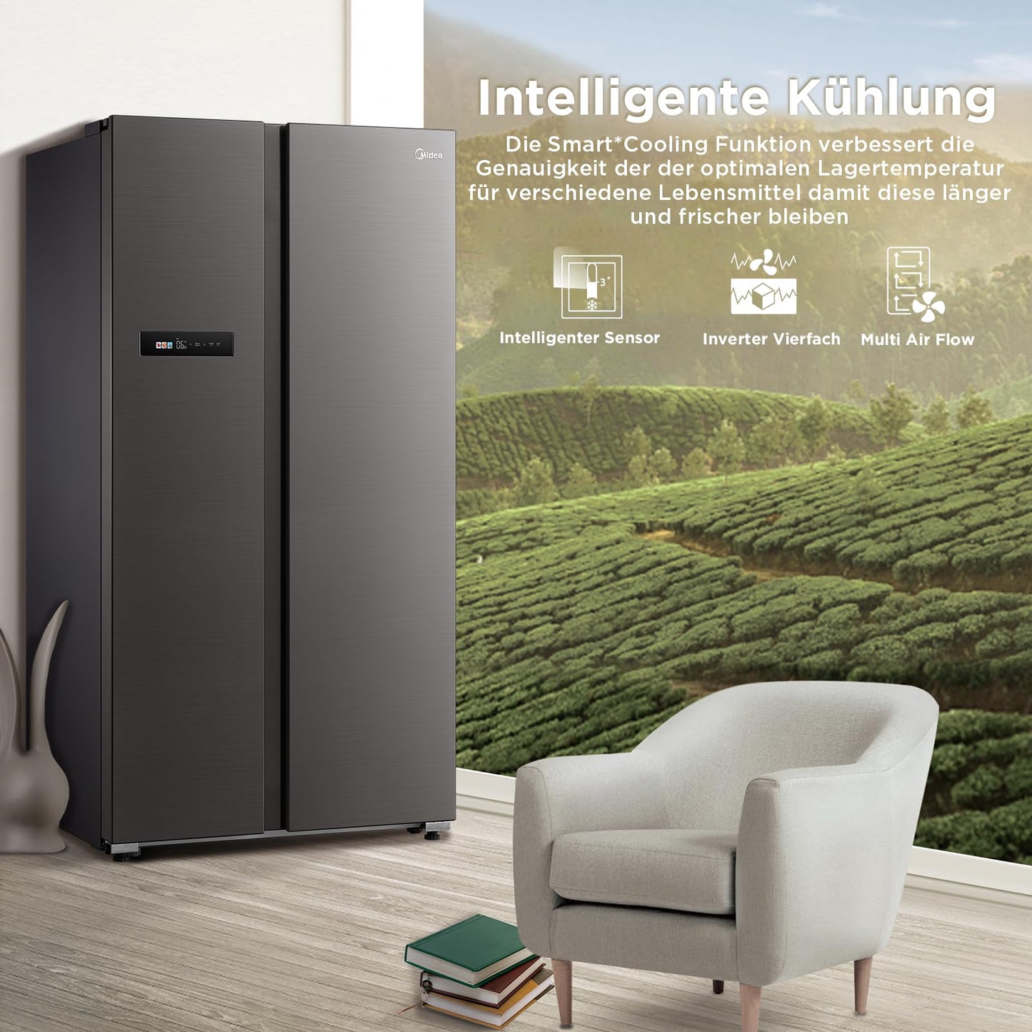 Midea KS-DDX 6.32 WT Side-by-Side Kühl-/Gefrierkombination/ 178,8 cm Höhe/ 254 kWh/Jahr/No Frost/Dual Inverter Compressor/mit 3in1 Wasser-/Eisspender und Wassertank, Dark Inox