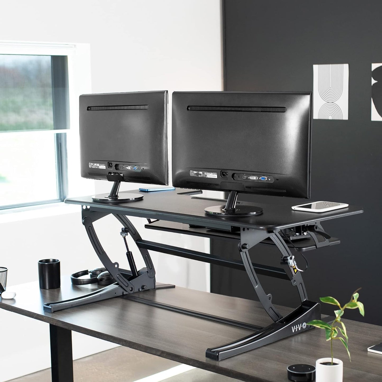 VIVO Black Height Adjustable 36 inch Stand up Desk Converter Quick Sit to Stand Tabletop Dual Monitor Riser, DESK-V000V