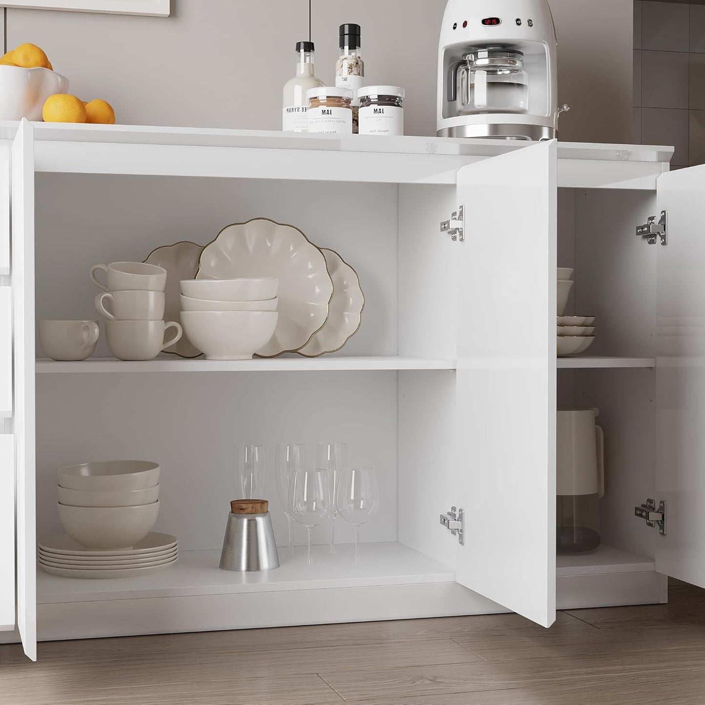 Caldion Kitchen Sideboard, Kitchen Cabinet, 3 Drawers and 3 Doors, Glossy, for Kitchen, Storage Cabinet with Doors, Entrance Area, Living Room, 155 x 40 x 83 cm, White