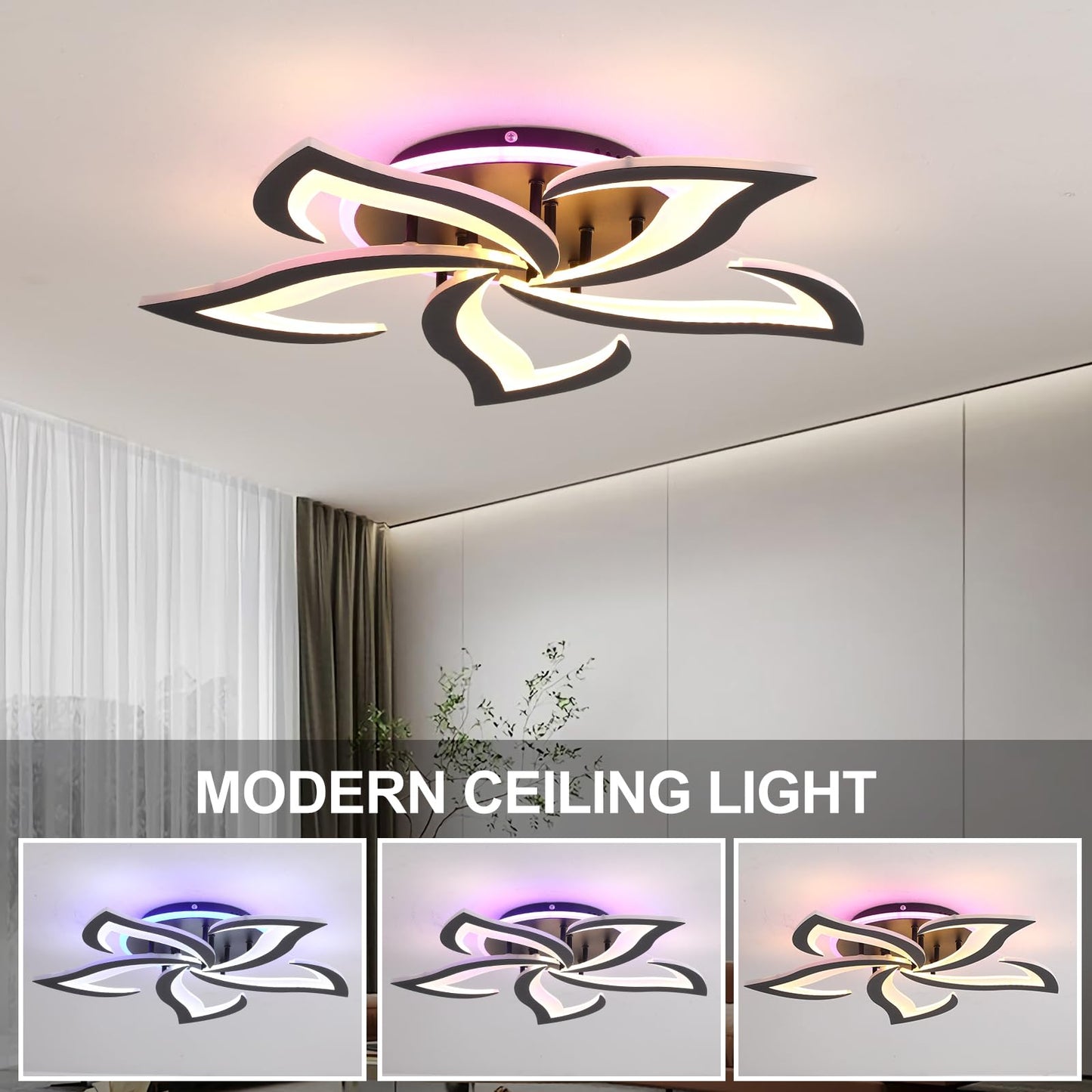 ZAITINZ Deckenlampe Led,5 blütenblätter Wohnzimmerlampe,Deckenleuchte Dimmbar mit fernbedienung,lampe wohnzimmer 50W,Moderne Deckenleuchten mit Memory Funktion,Led Deckenleuchte Schwarz 3000-6000K