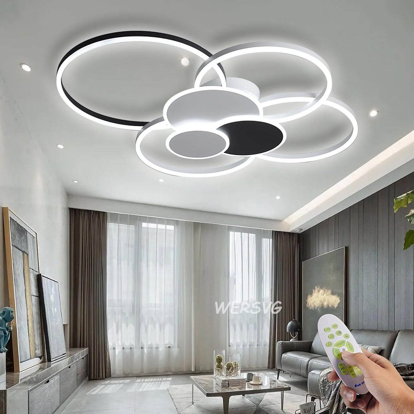 WERSVG L80cm Modern LED Deckenleuchte Wohnzimmer Deckenlampe gold 6-Ring Deckenleuchte 70W 5600LM Dimmbar 3500K - 6500KMit Fernbedienung flurlampe decke, für Wohnzimmer Schlafzimmer Küche Esszimmer