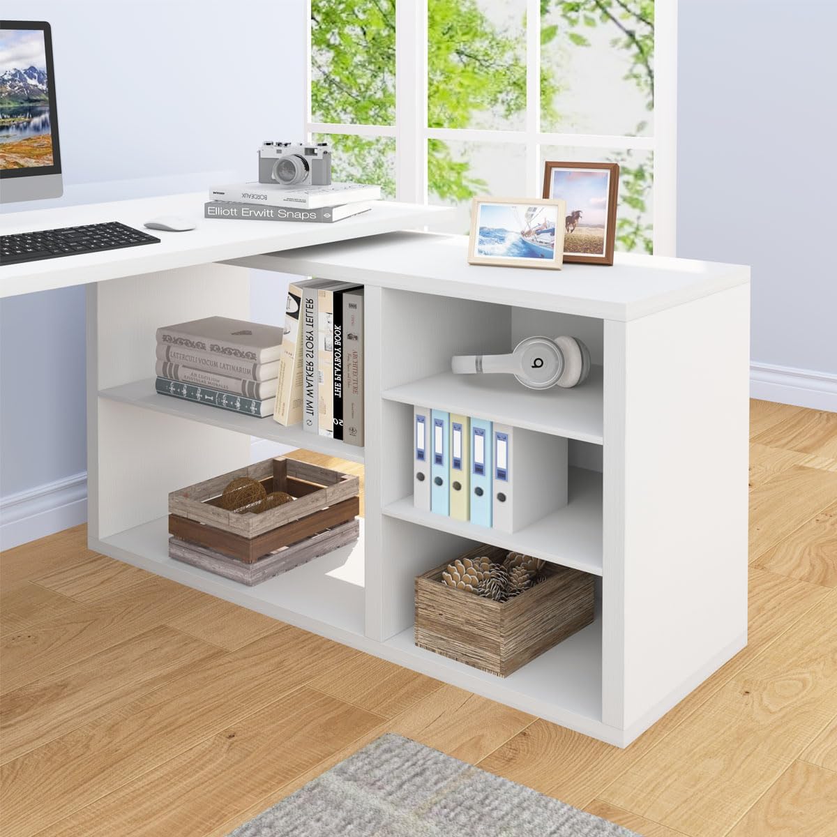 HSH Schreibtisch L Form Weiß, Wendbarer Computertisch mit Stauraum für für Büro und Arbeitszimmer, PC & Studium, Homeoffice, Eckschreibtisch mit Aufbewahrungsschrank & Ablagen, 140cm