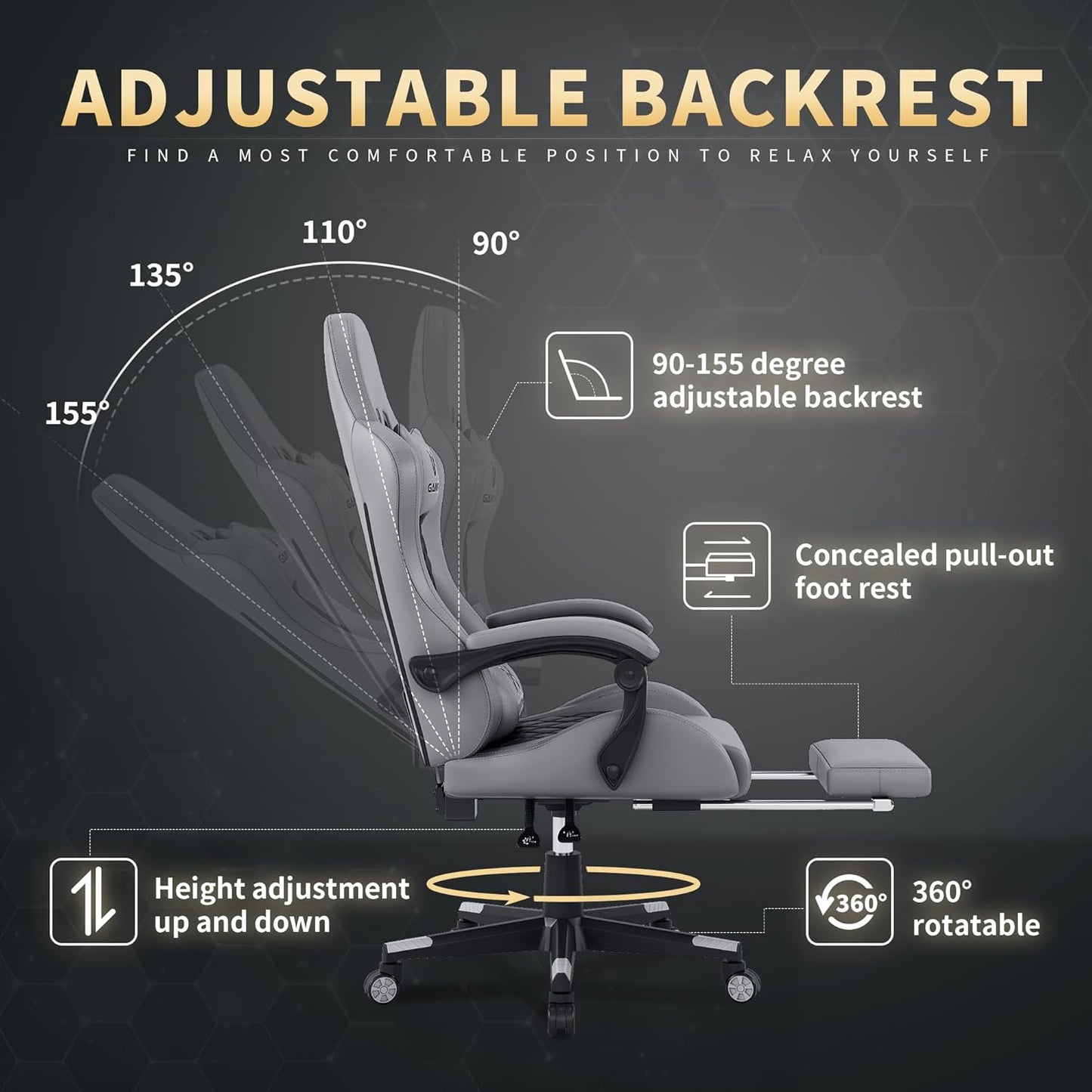 Gaming Chair, Ergonomic Office Chair, PC Chair, Gaming Chair, Lumbar Cushion and Footrest, PU Leather Gamer Chair, Adjustable Backrest from 90-155°, Height Adjustable 360° Swivel Chair (Pink)