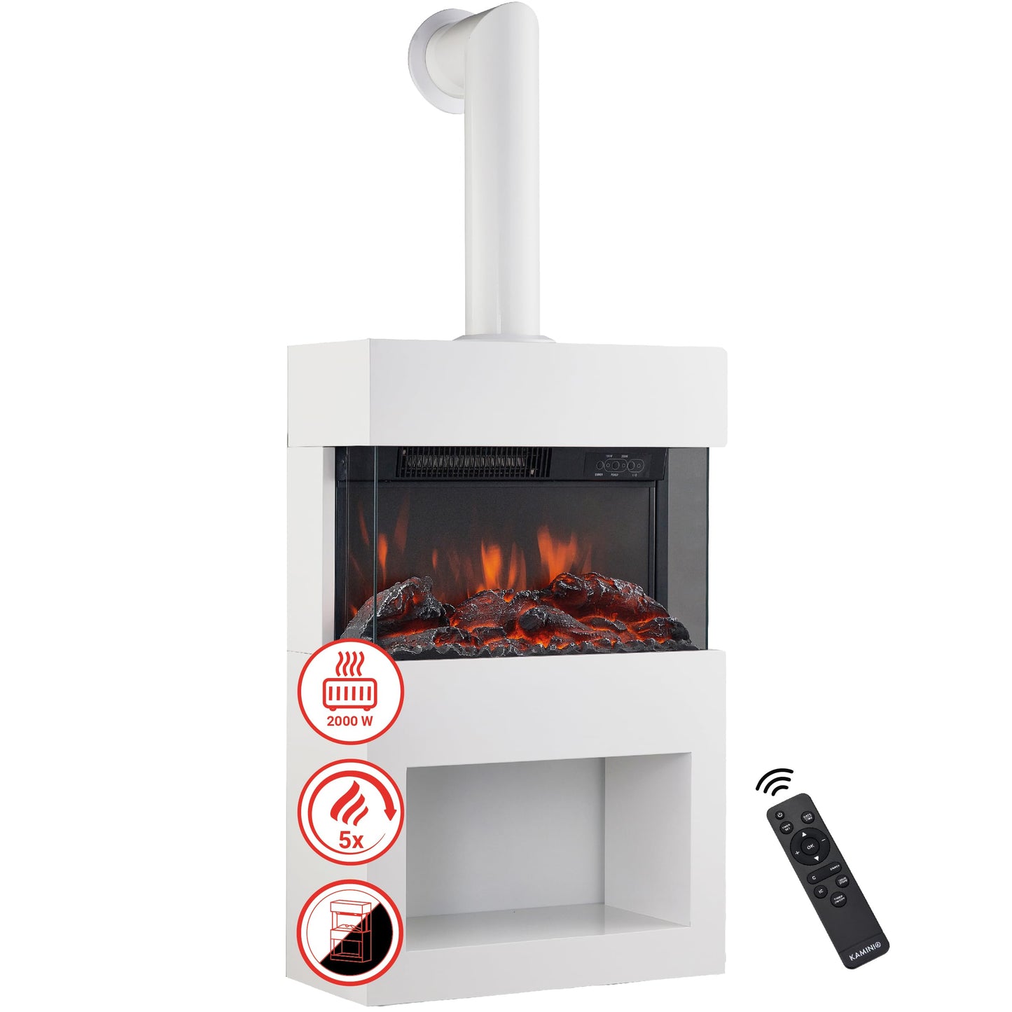 KAMINIO Henri Electric Fireplace with Stove Pipe - Electric Stove with Heater, 3D Flame Effect, Wooden Compartment, Remote Control (White)