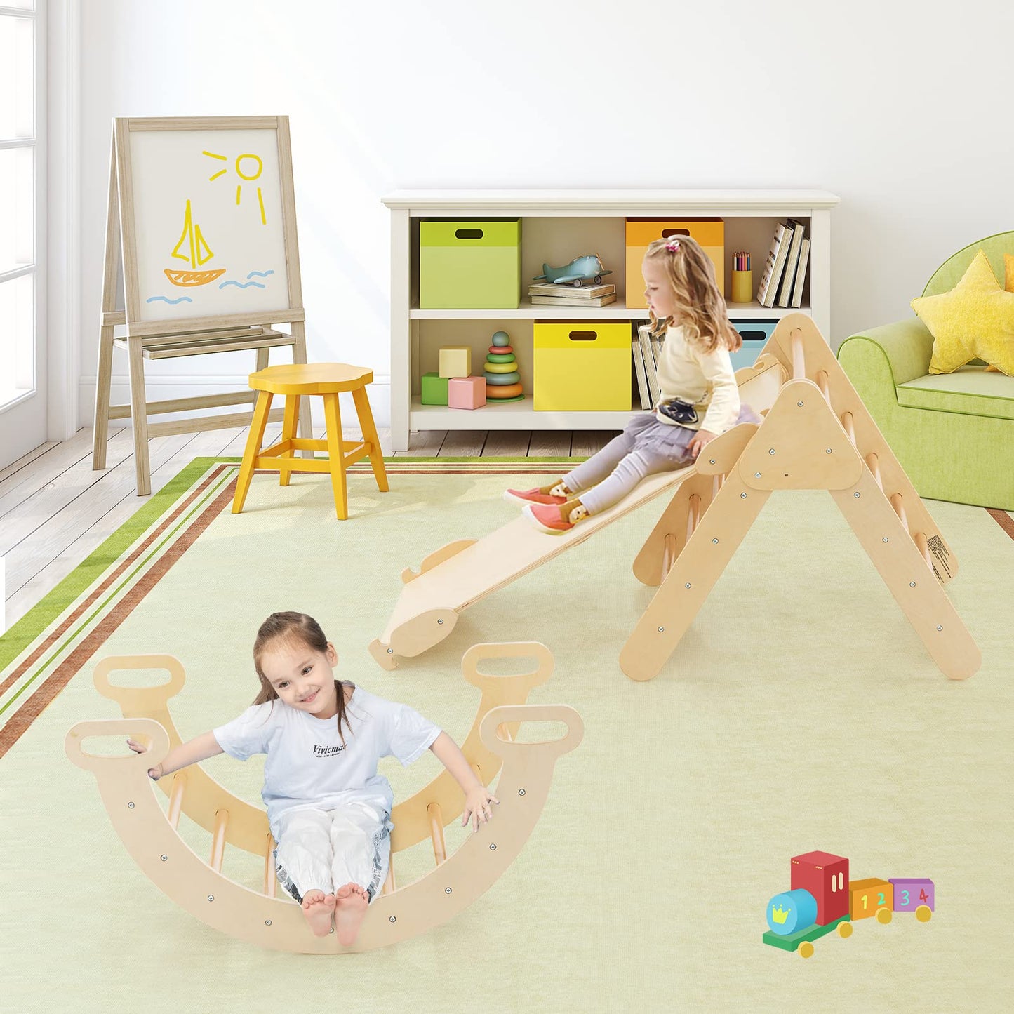 COSTWAY Kletterdreieck mit Rutsche, Kletterbogen, inkl. doppelseitige Rampe, zum Klettern, Rutschen und Wippen, 4 in 1 Klettergerüst Indoor ab 1 Jahr (Macaron bunt)