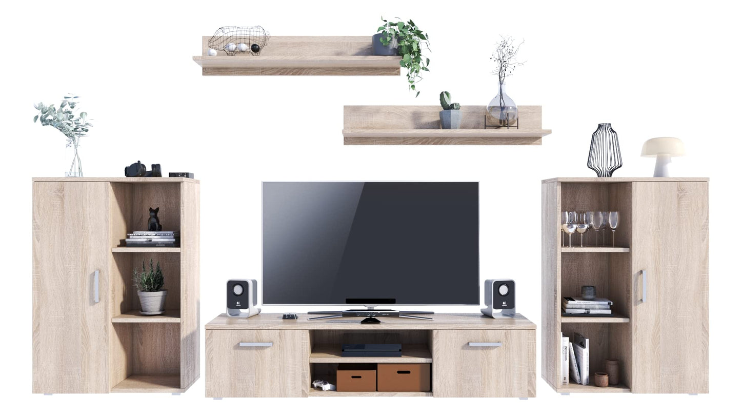 MATKAM Herkules II Wall Unit, Modern Living Room Cabinet with TV Table, Sideboard and Wall Shelf, Living Room Complete Furniture (White/Black)