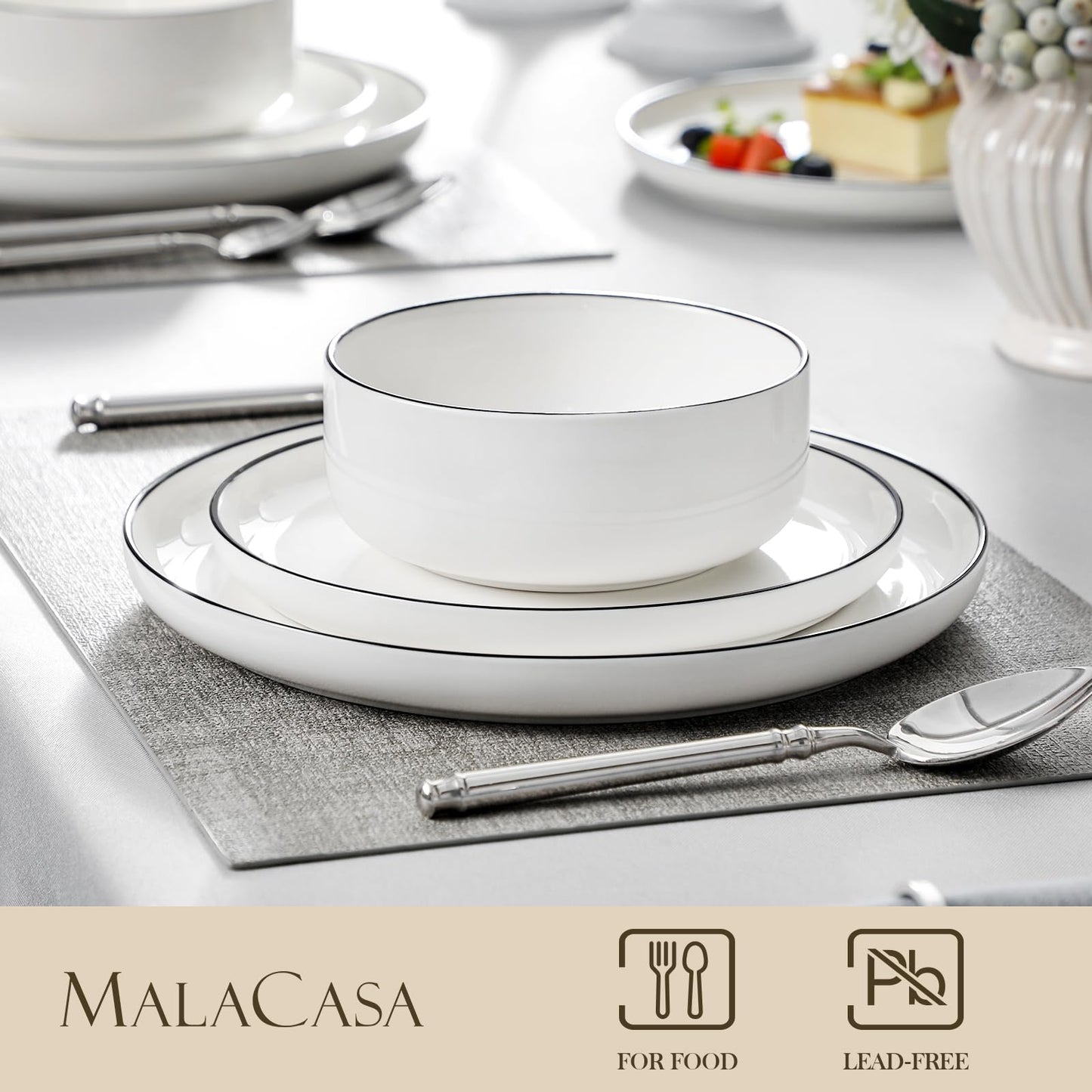 MALACASA Geschirrset 6 Personen, LUNA 24-tlg Tafelservice aus Weißem Porzellan, Modernes Geschirr Set mit je 6 Speiseteller, Dessertteller, Suppenteller und Müslischalen