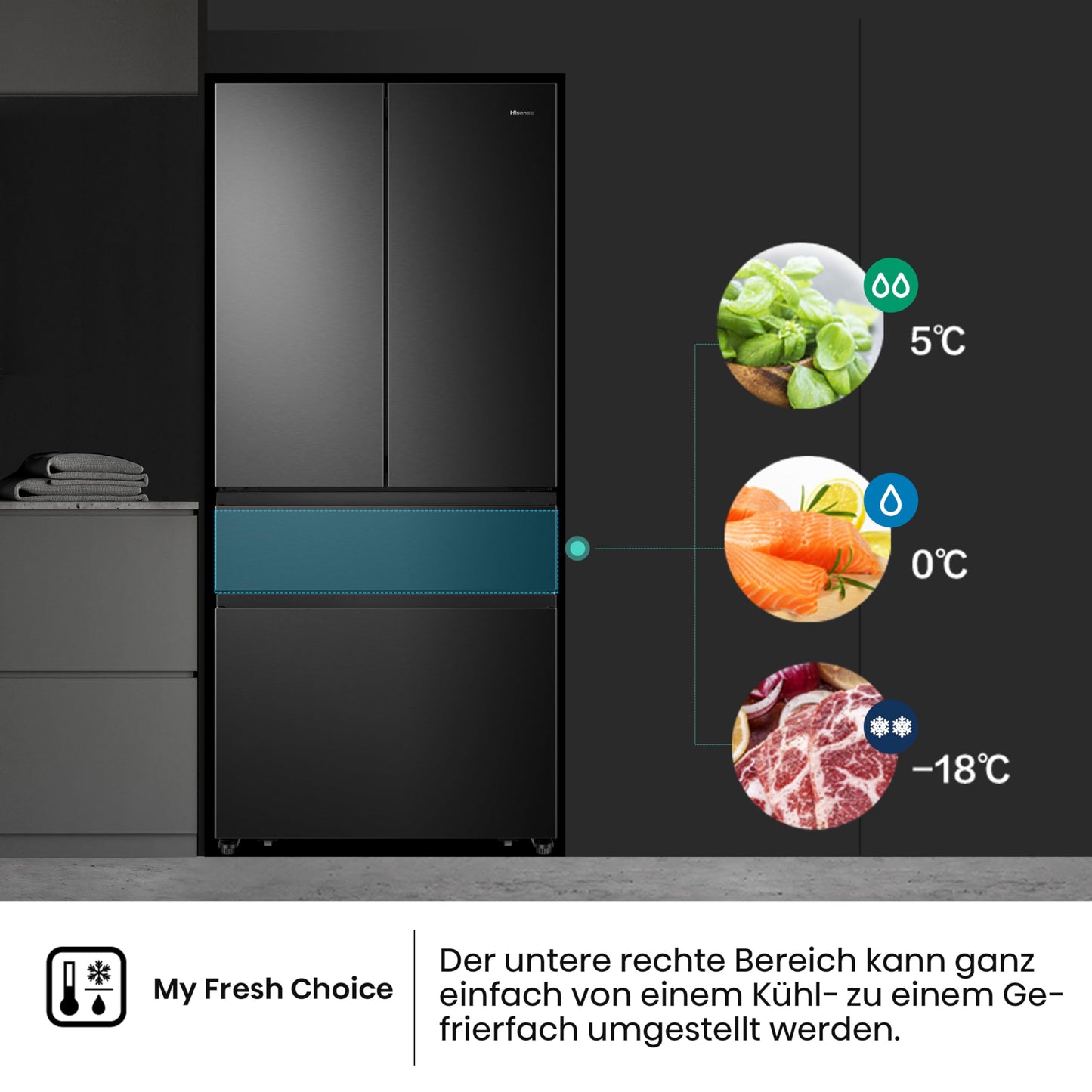 Hisense RF632N4WIE French Door Kühl-Gefrierkombination/ NoFrostPlus/ Inverter-Kompressor/ Wasserspender/ CrispZone/ 200 cm/ Kühlteil 336 l/ Gefrierteil 149 l/ 38 dB/ 295 kWh/ Jahr/ Inox-Look