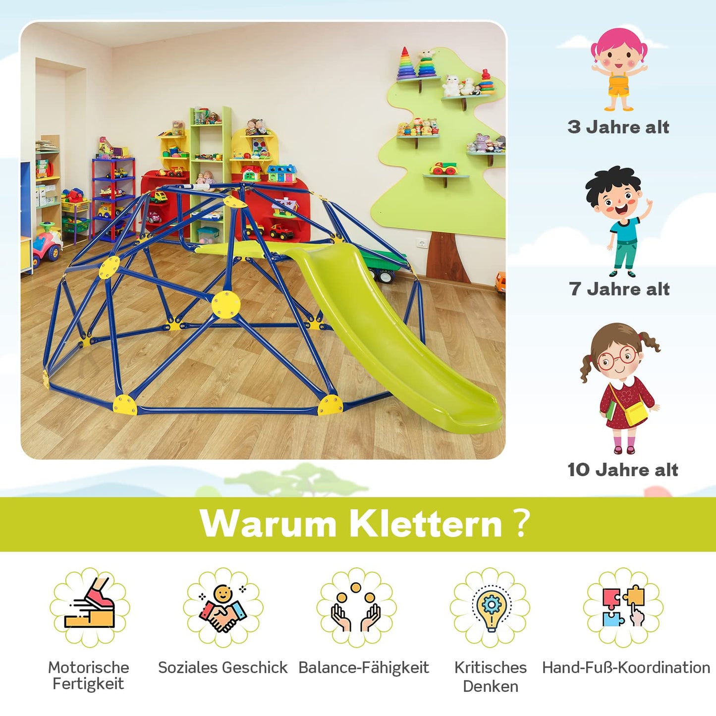 COSTWAY Climbing Dome with Slide, Dome Climbing Frame with Fabric Platform, 180 kg Load Capacity, Outdoor & Indoor Playground for 3-10 Years, Ideal for Gym, Backyard, Garden