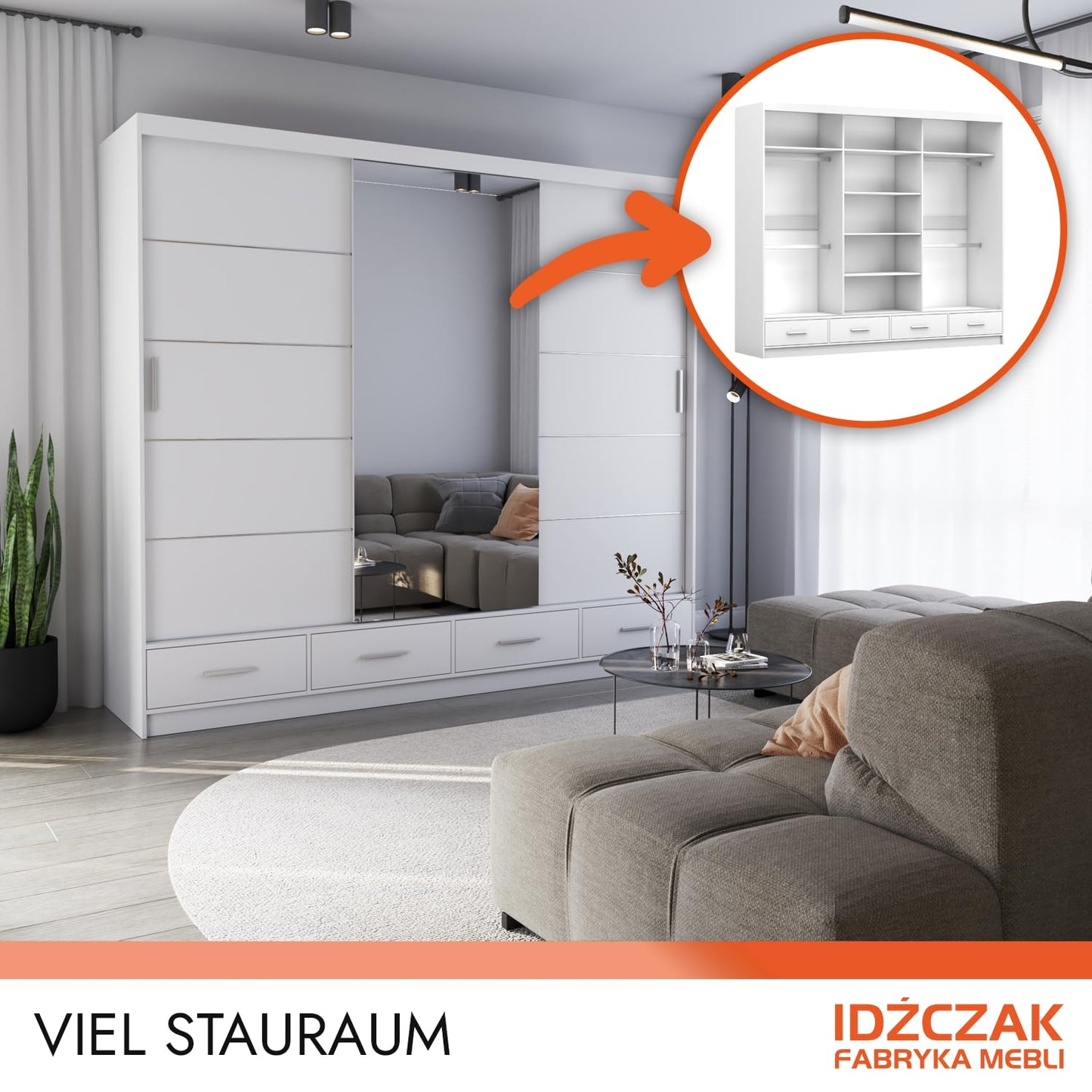 Fabryka Mebli Idźczak Kleiderschrank mit Spiegel weiß - Schwebetürenschrank - Schlafzimmerschrank - 61 x 250 x 218 cm - Wohnzimmerschrank - Garderobenschrank, Schrank mit 2 Türen, 4 Schubladen