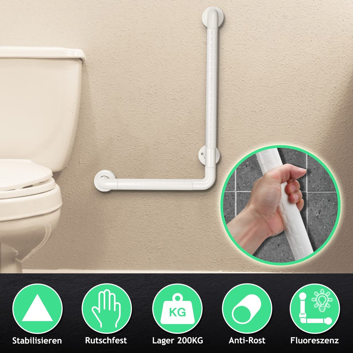 Tubiaz Wall-Mounted Support Handle, Folding Handrail for Shower, Toilet Support Aid, Standing Aid, Safety Handrail, Non-Slip Handrail for Seniors, Disabled Pregnant Women, up to 200 kg, White