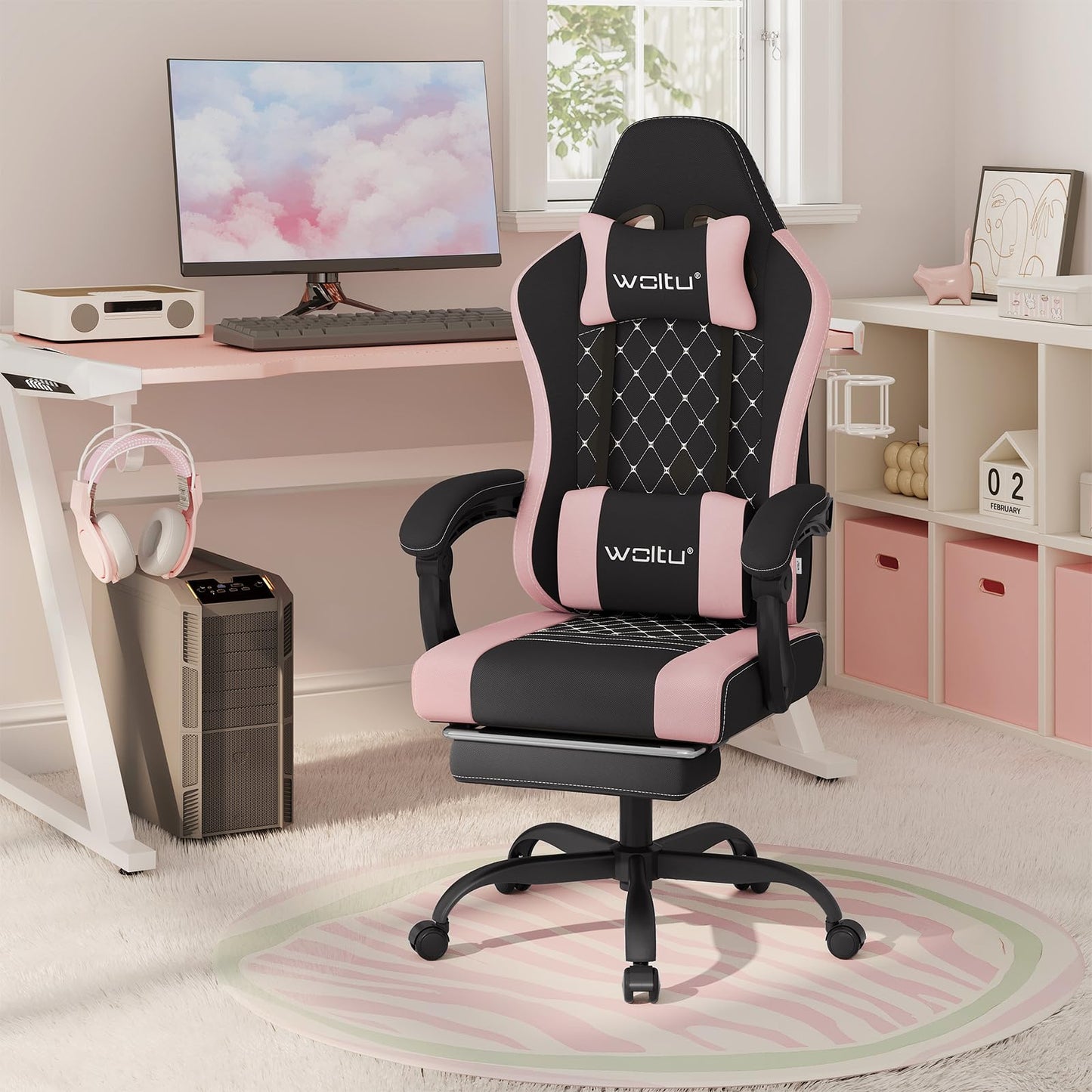WOLTU Gaming Stuhl mit Massagefunktion, Computerstuhl Ergonomisch, Taschenfederkissen, Lendenmassage, Kopfkissen, Fußstütze, Drehstuhl, 150 kg, Netzstoff, Rosa+Weiß
