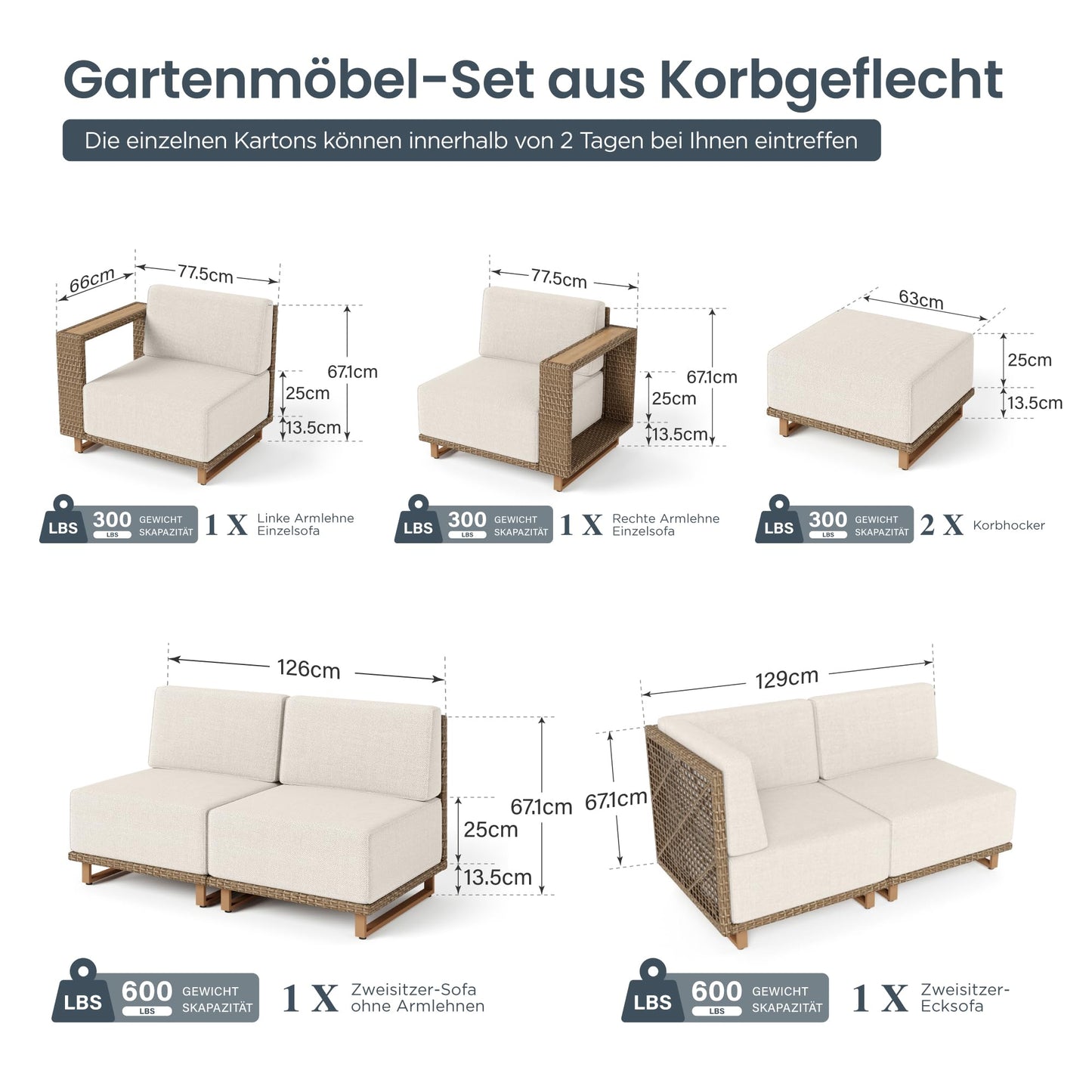 PHI VILLA Rattan Gartenmöbel Set Balkonmöbel für 6, Lounge Möbel Outdoor Sofa Sets für Garten und Terrasse, Allwetter Gartensofa Terassenmöbel Außen mit Dicken Weißen Kissen und Ergonomischem Design