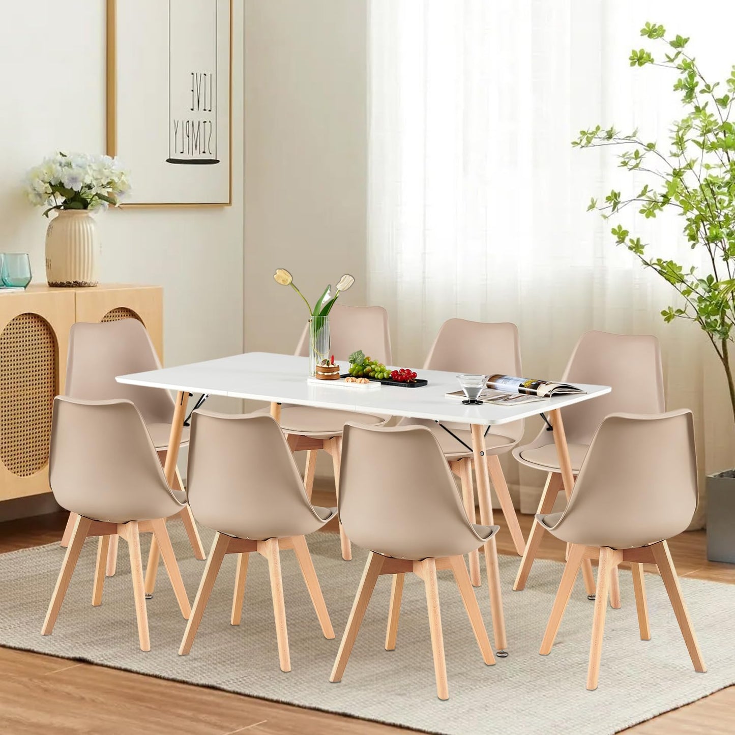 H.J WeDoo Esszimmergruppe mit 4 Essstühlen, Rechteckig Esstisch und Stühle für Esszimmer, Küche, Wohnzimmer, Weißer Esstisch und Graue Stühle