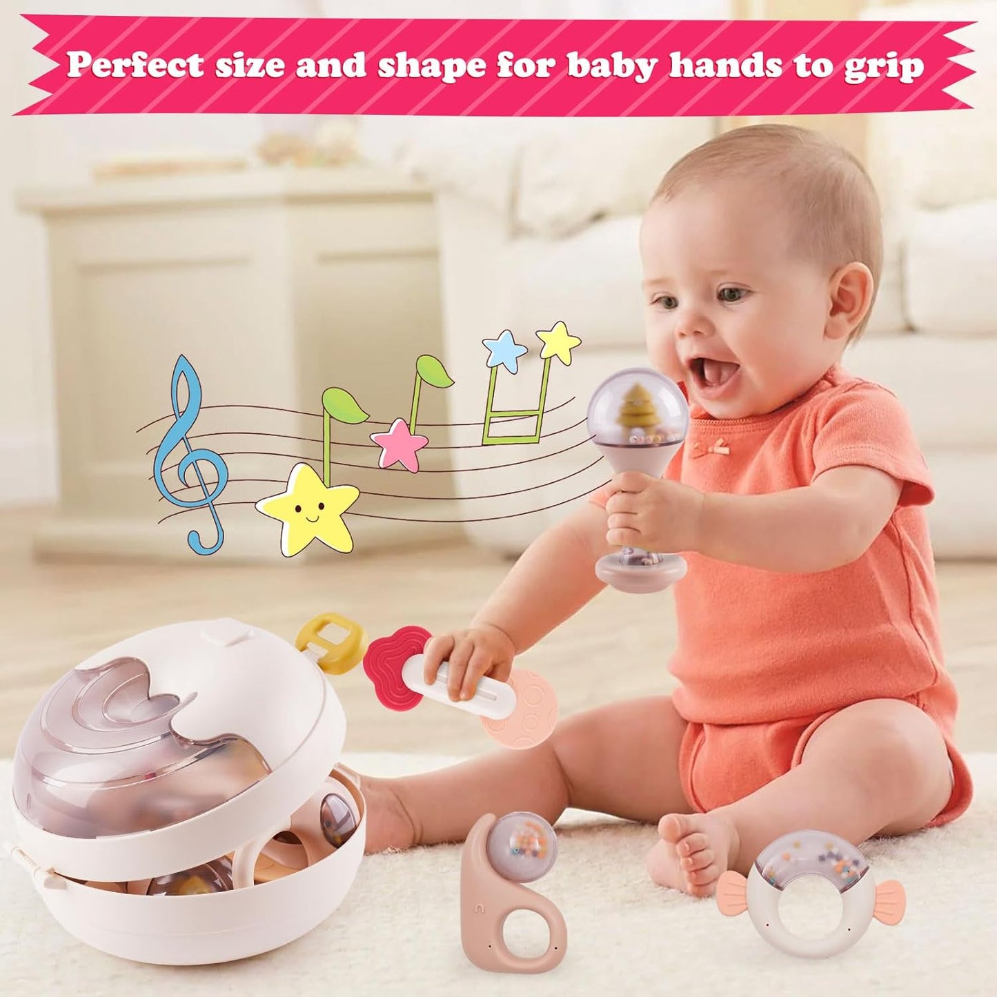 Rattle Teething Ring Set, 10 Pieces BPA-Free Silicone Baby Toy, Rattles Teether for Babies 0-9 Months, Silicone Rattle Toy with Storage Box